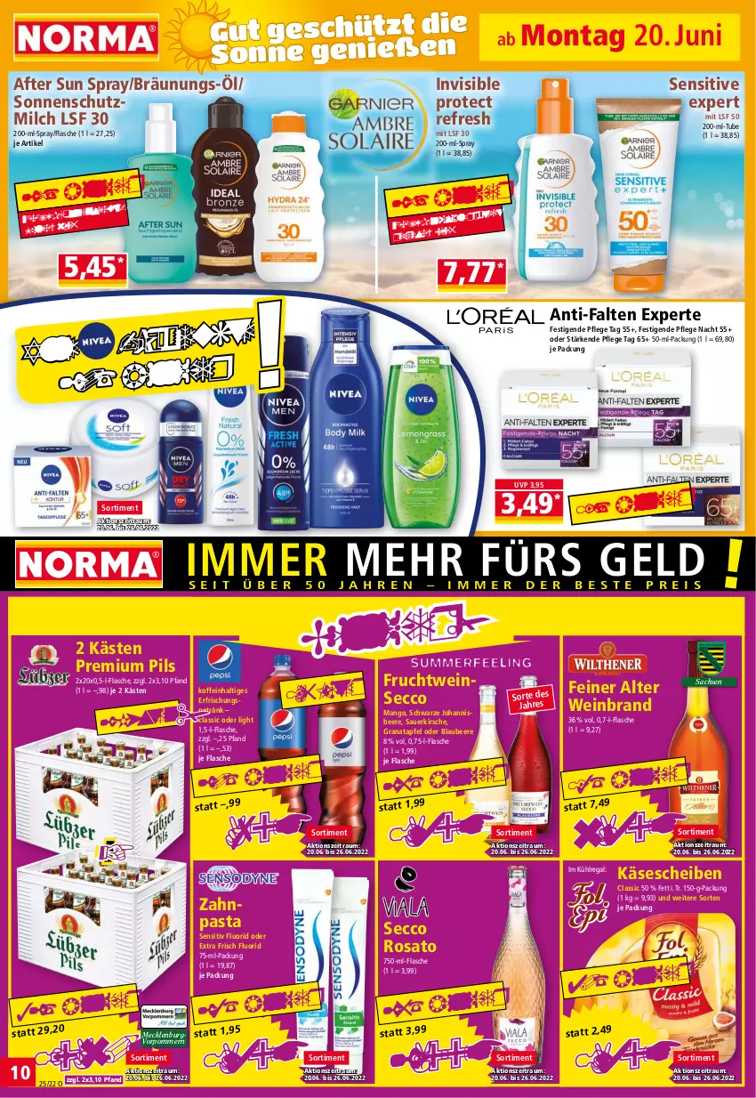 Aktueller Prospekt Norma - Norma - von 20.06 bis 27.06.2022 - strona 10 - produkty: after sun, anti-falten experte, apfel, auer, beere, Blaubeer, blaubeere, ecco, erfrischungsgetränk, flasche, frucht, getränk, grana, granatapfel, johannisbeere, Käse, kirsch, kirsche, kühlregal, mango, milch, pasta, pils, premium pils, Rana, regal, rosato, sac, sonnenschutz, Sun Spray, tee, Ti, wein, weinbrand, zahnpasta