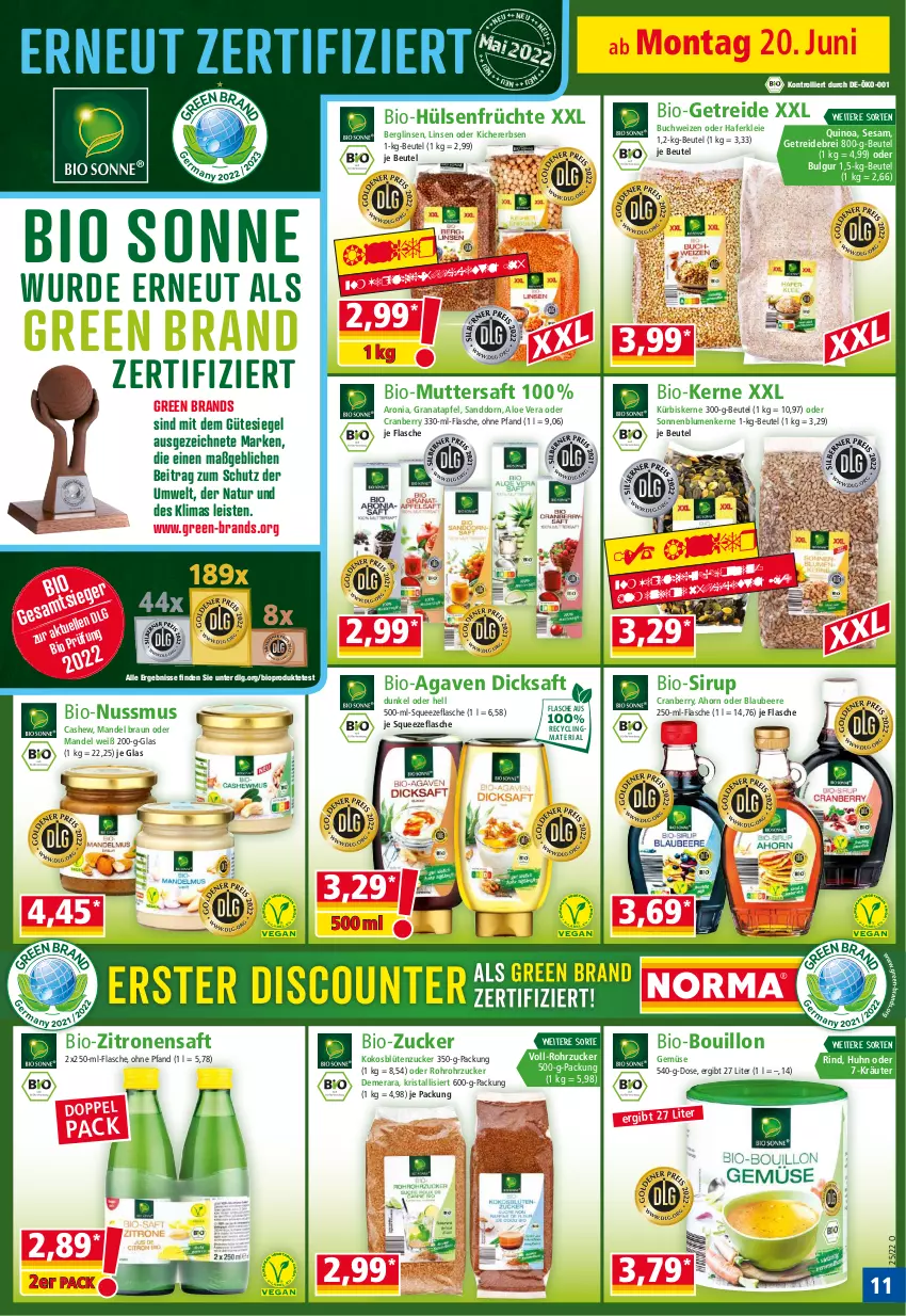 Aktueller Prospekt Norma - Norma - von 20.06 bis 27.06.2022 - strona 11 - produkty: agaven, aloe vera, apfel, ball, Bau, beere, beutel, bio, bio-zitronen, Blaubeer, blaubeere, blume, blumen, Blüte, braun, Brei, buch, bulgur, Cashew, Clin, cranberry, dicksaft, eis, elle, ente, erbsen, flasche, früchte, grana, granatapfel, hafer, hülsenfrüchte, kichererbsen, kokos, kräuter, Kürbis, kürbiskerne, LG, linsen, mandel, natur, nuss, quinoa, Rana, recyclingmaterial, Ria, rind, rohrzucker, saft, sanddorn, senf, sesam, sirup, sonnenblume, sonnenblumen, Sonnenblumenkerne, Ti, trolli, zitrone, zitronen, zitronensaft, zucker