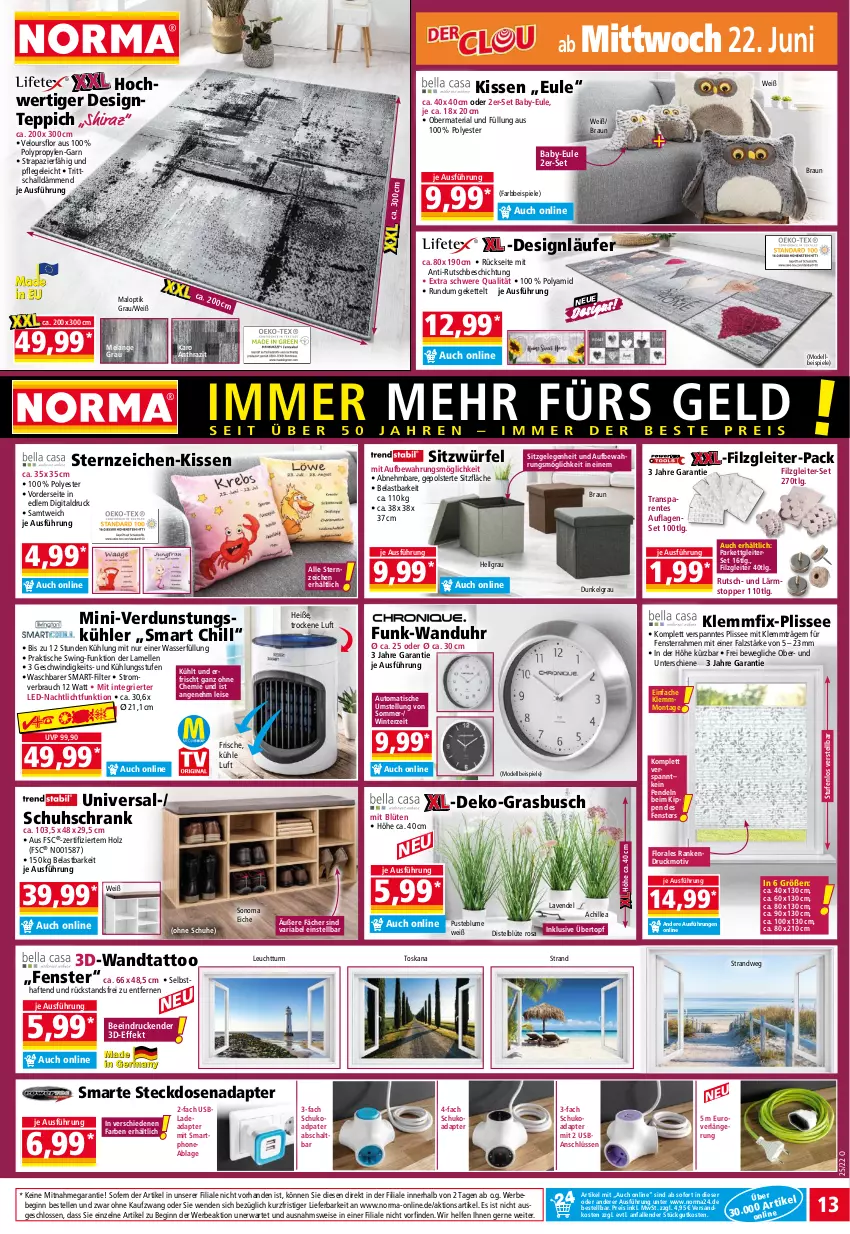 Aktueller Prospekt Norma - Norma - von 20.06 bis 27.06.2022 - strona 13 - produkty: adapter, auto, Bebe, blume, Blüte, braun, dell, eis, Elan, elle, ente, fenster, gin, Holz, Kette, kissen, Läufer, lavendel, LG, Mode, Nachtlicht, ndk, Rauch, reis, Ria, Schal, Schrank, schuhe, schuhschrank, smartphone, sonoma eiche, Spiele, steckdose, Steckdosenadapter, teppich, Ti, tisch, topf, topper, übertopf, uhr, usb, wanduhr, wasser, würfel