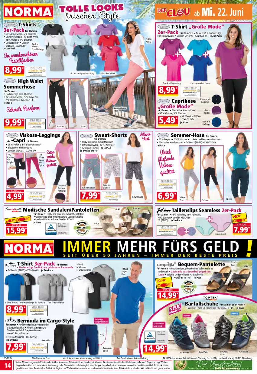 Aktueller Prospekt Norma - Norma - von 20.06 bis 27.06.2022 - strona 14 - produkty: asti, Bau, baumwolle, Bebe, beere, bermuda, blume, blumen, Cap, caprihose, decksohle, eis, Elan, elle, erde, gin, hose, lack, lebensmittel, leggings, Mode, pantolette, pantoletten, reine baumwolle, reis, Ria, rosen, sandale, sandalen, schuhe, shirt, shirts, shorts, slip, slips, Spiele, Surf, T-Shirt, Taillenslip, Tasche, taschen, Ti, tisch, wolle, ZTE