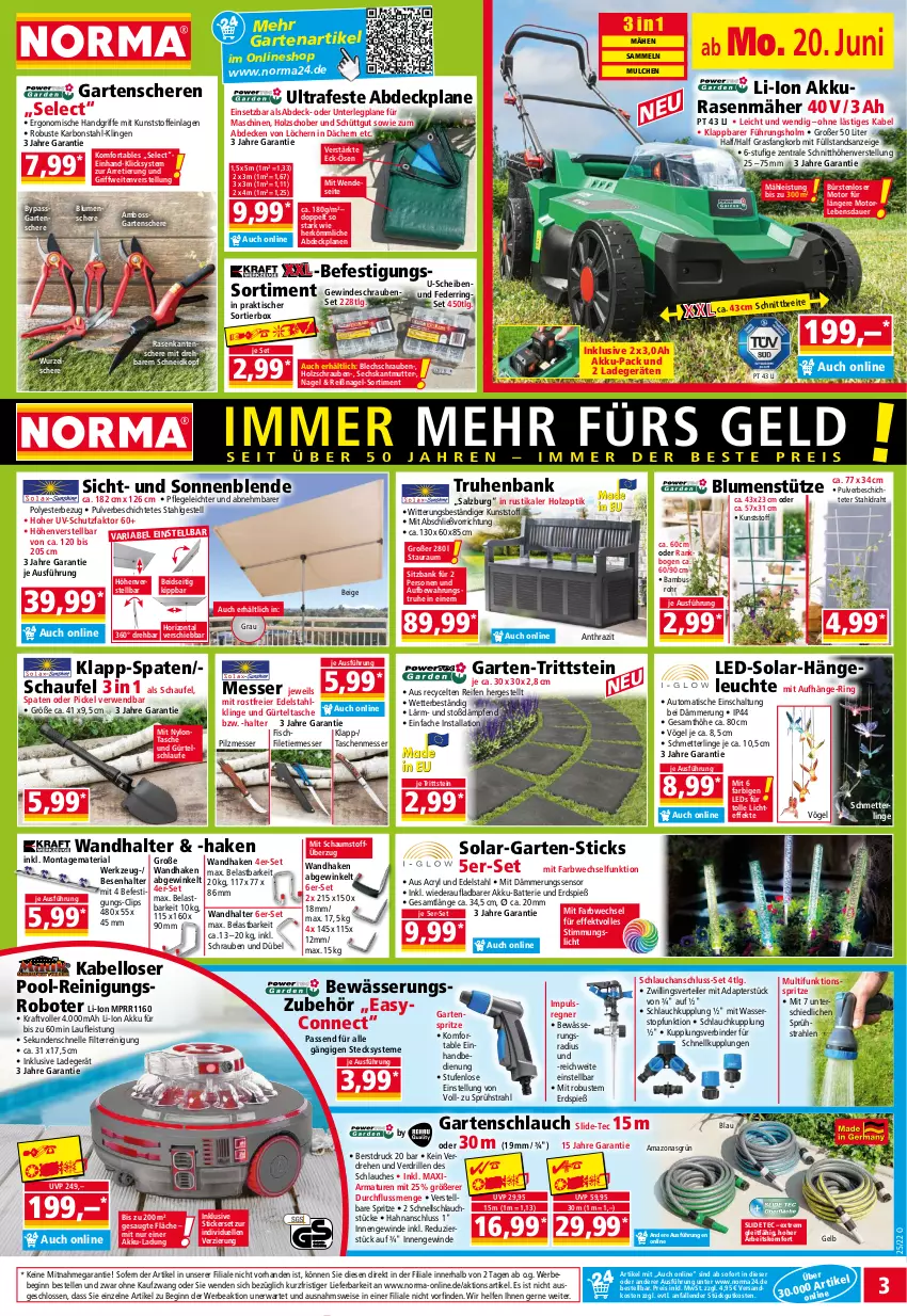 Aktueller Prospekt Norma - Norma - von 20.06 bis 27.06.2022 - strona 3 - produkty: abdeckplane, adapter, akku, armatur, armaturen, auer, auto, bambus, Bank, batterie, Bebe, blume, blumen, boss, Brei, bürste, bürsten, decke, Draht, edelstahl, eier, eis, elle, filet, fisch, Garten, Gartenschere, gartenschlauch, gin, gürteltasche, Hängeleuchte, Holz, korb, kraft, ladegerät, leds, Leuchte, LG, messer, Mett, ndk, passend für alle, pool, rasen, rasenmäher, reifen, Reinigung, reis, Ria, ring, rwe, salz, Schal, Schere, schlauch, Schmetterling, schrauben, sitzbank, Spaten, Tasche, taschen, Ti, tisch, topf, uv-schutz, wasser, werkzeug