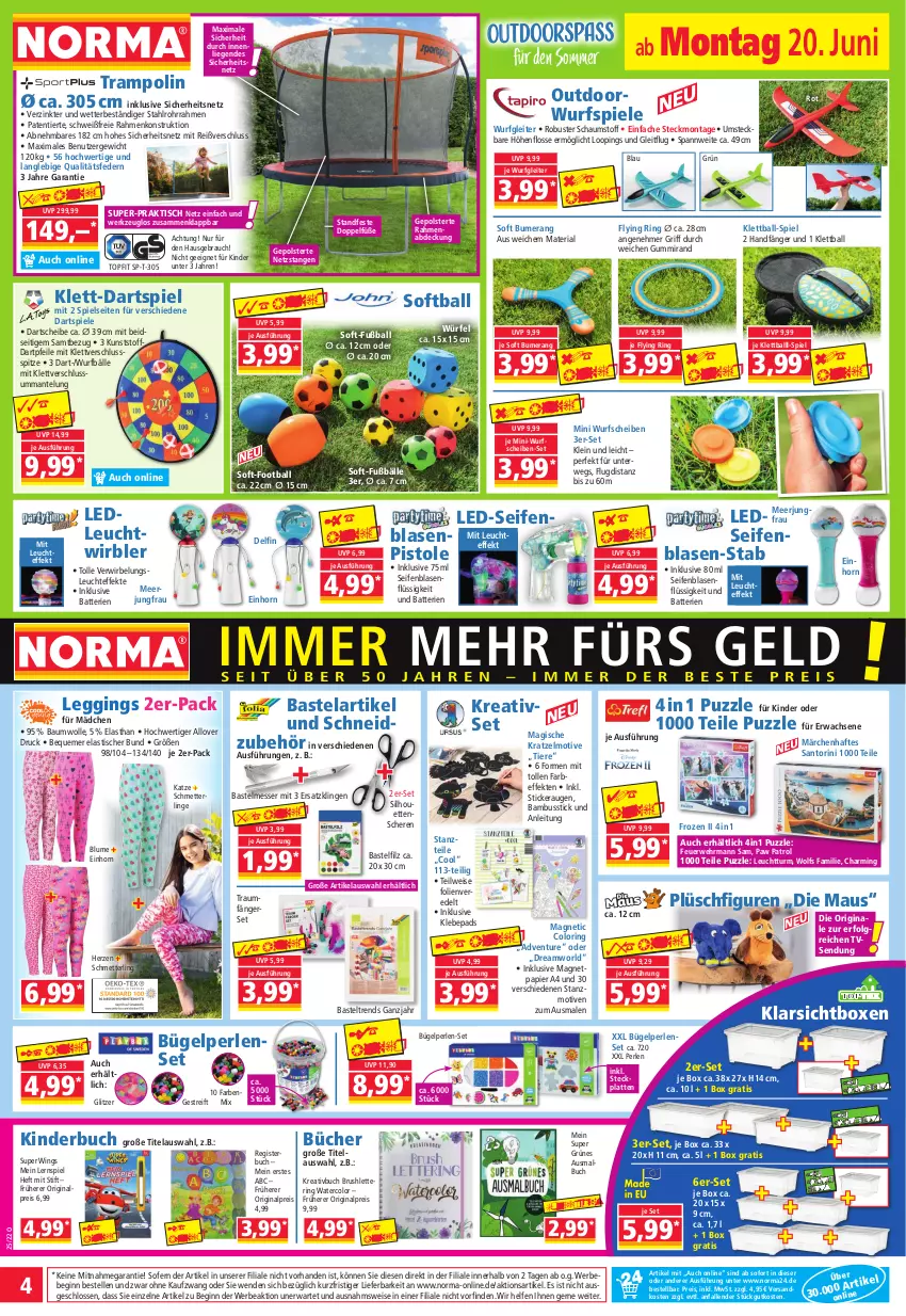 Aktueller Prospekt Norma - Norma - von 20.06 bis 27.06.2022 - strona 4 - produkty: ball, bambus, batterie, batterien, Bau, baumwolle, Bebe, blume, buch, bügel, ehrmann, eis, elle, Fußball, gin, Jungfrau, Kinder, Kinderbuch, Klarsichtbox, latte, leggings, Lernspiel, Leuchte, LG, Liege, Malbuch, Mantel, Maus, messer, Mett, ndk, papier, Paw Patrol, perlen, Plüsch, Puzzle, Rauch, reis, Ria, ring, rwe, Schere, Schmetterling, Seife, senf, Spiele, Ti, Tiere, tisch, topf, Trampolin, werkzeug, wolle, würfel, ZTE