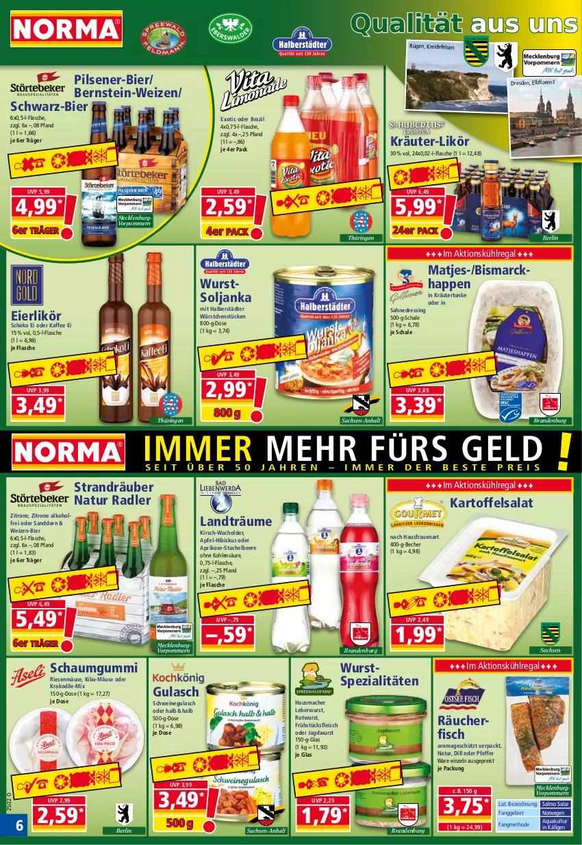 Aktueller Prospekt Norma - Norma - von 20.06 bis 27.06.2022 - strona 6 - produkty: alkohol, apfel, aprikose, aqua, Becher, beere, bier, bismarck, dressing, eier, eierlikör, eis, fisch, flasche, fleisch, frühstücksfleisch, gulasch, Hausmacher, jagdwurst, kaffee, kartoffel, kartoffelsalat, kirsch, kräuter, Kreide, kühlregal, leberwurst, likör, lorenz, mac, matjes, natur, natur radler, pfeffer, pils, pilsener, radler, regal, reis, ring, Rotwurst, rwe, sahne, salat, sanddorn, Schal, Schale, schoko, schwein, schweine, schweinegulasch, Spezi, Ti, wein, weine, wurst, würstchen, zitrone