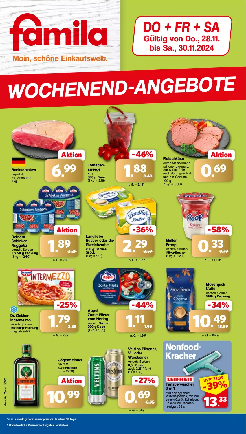 Aktueller Prospekt Famila - Prospekte - von 28.11 bis 30.11.2024 - strona 1 - produkty: Becher, butter, caffe, Dr. Oetker, eimer, eis, elle, fenster, filet, filets, flasche, fleisch, fleischkäse, froop, Germ, hering, intermezzo, jägermeister, Käse, kracher, landliebe, Meister, mövenpick, Müller, müller froop, nuss, pils, pilsener, reinert, reis, ring, schinken, steiner, Streichzart, teller, Ti, tomate, tomaten, veltins, veltins pilsener, warsteiner, ZTE