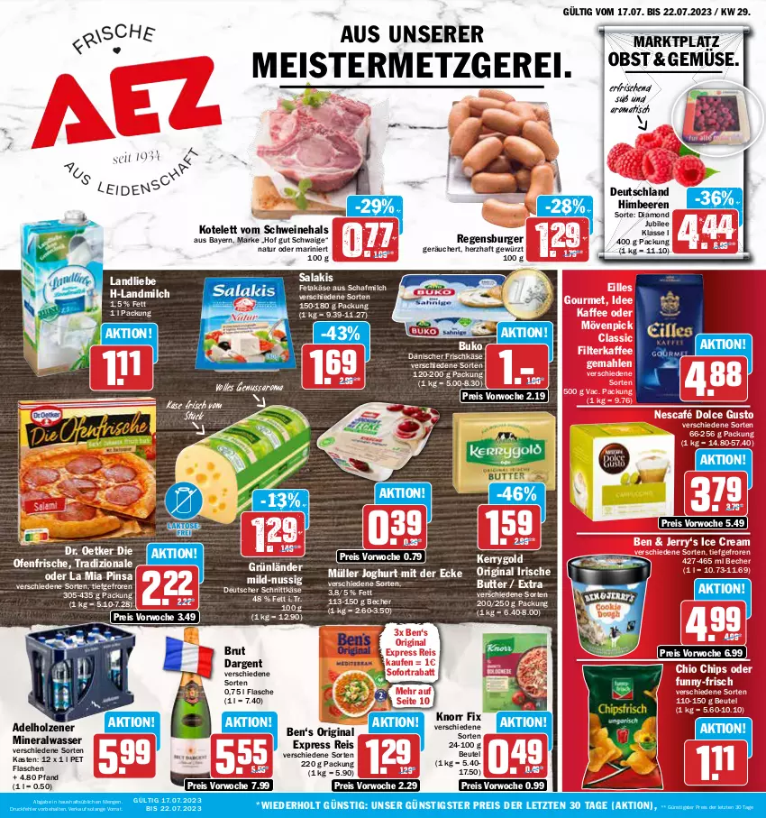 Aktueller Prospekt Aez - Prospekte - von 17.07 bis 22.07.2023 - strona 1 - produkty: adelholzener, Alwa, Becher, beere, beeren, beutel, brut, brut dargent, Buko, burger, butter, chio chips, chips, deutscher schnittkäse, die ofenfrische, dolce gusto, Dr. Oetker, eilles gourmet, eis, feta, filterkaffee, flasche, frischkäse, funny-frisch, gewürz, gin, grünländer, himbeer, himbeere, himbeeren, Holz, irische butter, joghur, joghurt, joghurt mit der ecke, kaffee, Käse, kerrygold, knorr, knorr fix, kotelett, landliebe, landmilch, Meister, milch, mineralwasser, mövenpick, Müller, natur, Nescafé, nuss, obst, Ofen, regensburger, reis, salakis, saro, schnittkäse, schwein, schweine, sofortrabatt, Ti, tisch, tradizionale, wasser, wein, weine, ZTE