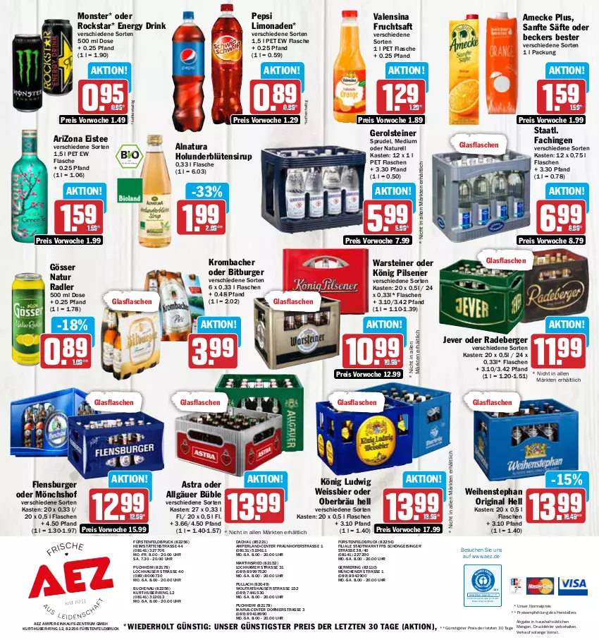 Aktueller Prospekt Aez - Prospekte - von 17.07 bis 22.07.2023 - strona 16 - produkty: AEZ, amecke, Astra, Beckers Bester, Berger, bier, bitburger, Blüte, buch, burger, drink, drucker, eis, eistee, elle, energy drink, Engel, ente, fisch, flasche, flensburger, frucht, fruchtsaft, Germ, gerolsteine, gerolsteiner, gin, glasflasche, gösser, holunder, holunderblüte, jever, kerze, könig pilsener, krombache, krombacher, LG, limo, limonade, limonaden, mönchshof, monster, natur, natur radler, natura, pepsi, perla, pils, pilsener, radeberger, radler, reis, rel, ring, Rockstar, rum, saft, säfte, sirup, Sprudel, Staatl. Fachingen, steiner, tee, teller, Ti, uhr, valensina, warsteiner, weihenstephan, weissbier, ZTE