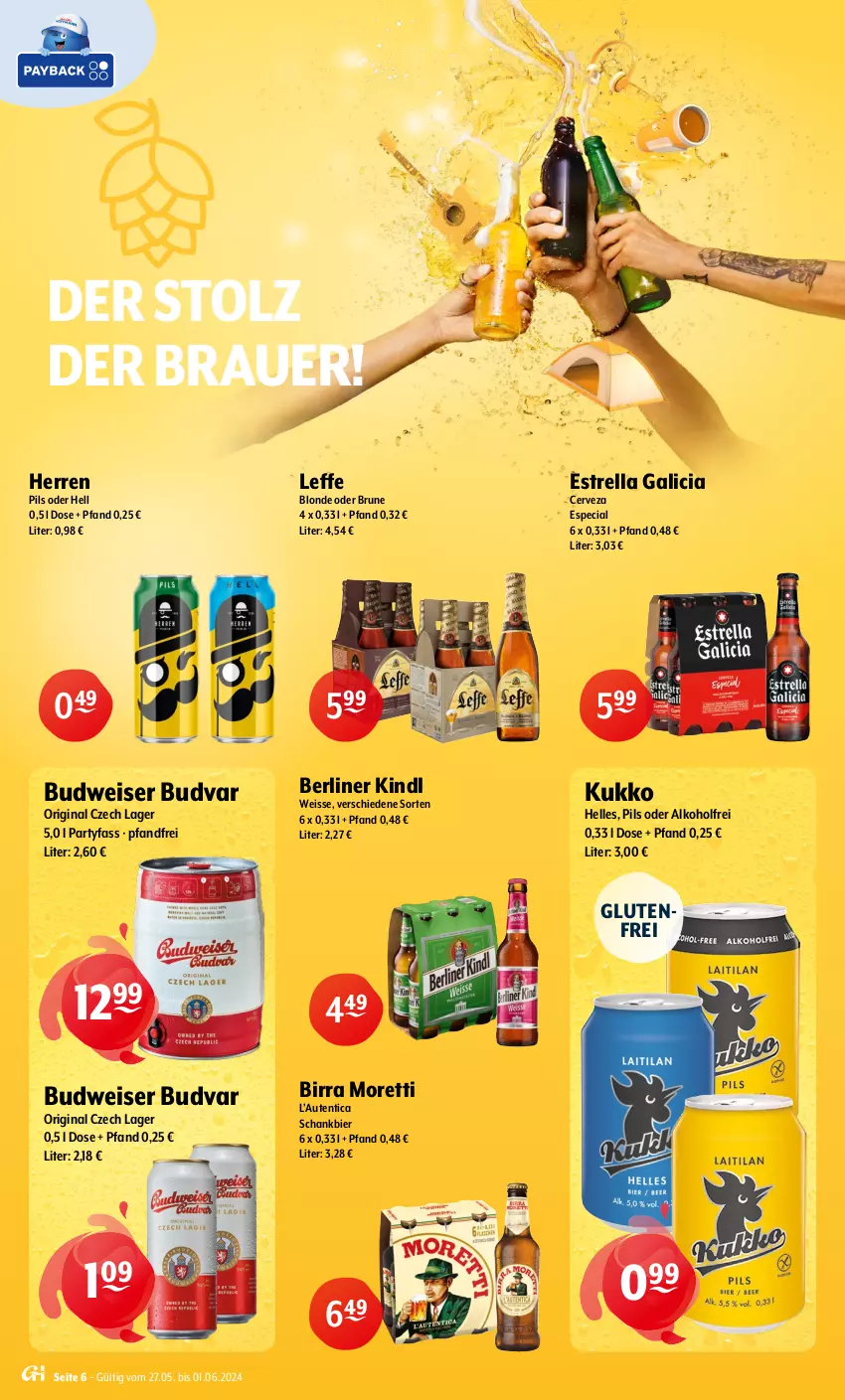 Aktueller Prospekt Getraenke Hoffmann - Prospekte - von 27.05 bis 01.06.2024 - strona 6 - produkty: alkohol, auer, berliner, berliner kindl, bier, budweiser, eis, elle, gin, Moretti, pils, rel, Schankbier, Ti