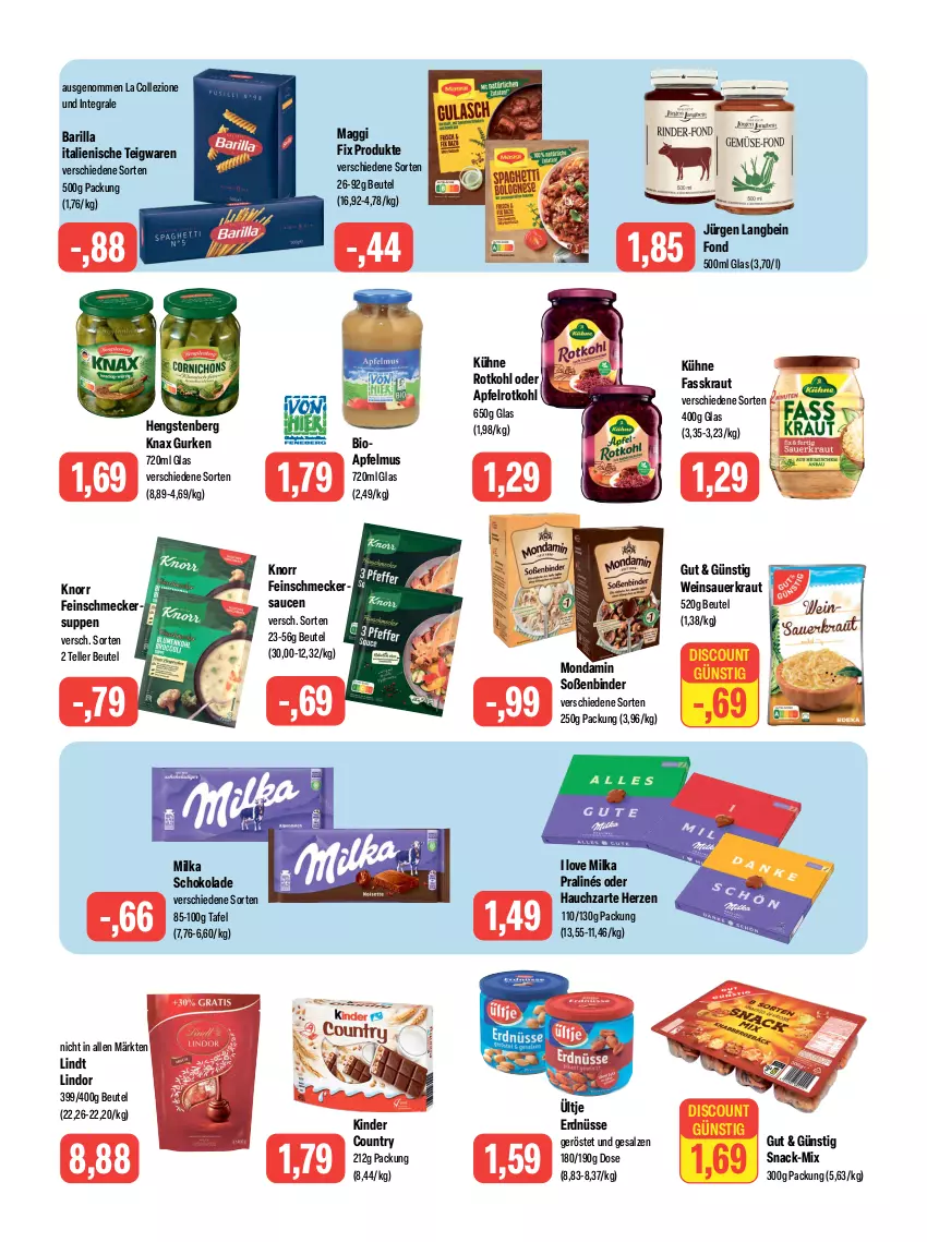 Aktueller Prospekt Feneberg - Prospekte - von 14.12 bis 16.12.2023 - strona 9 - produkty: apfel, apfelmus, auer, barilla, beutel, bio, discount, elle, erdnüsse, feinschmecker, gurke, gurken, hengstenberg, Kinder, kinder country, knorr, Kraut, Kühne, lindor, lindt, maggi, maggi fix, milka, milka schokolade, mondamin, rotkohl, salz, sauce, saucen, Sauerkraut, schoko, schokolade, snack, Soße, suppe, suppen, teigwaren, teller, Ti, ültje, ültje erdnüsse, wein, Weinsauerkraut