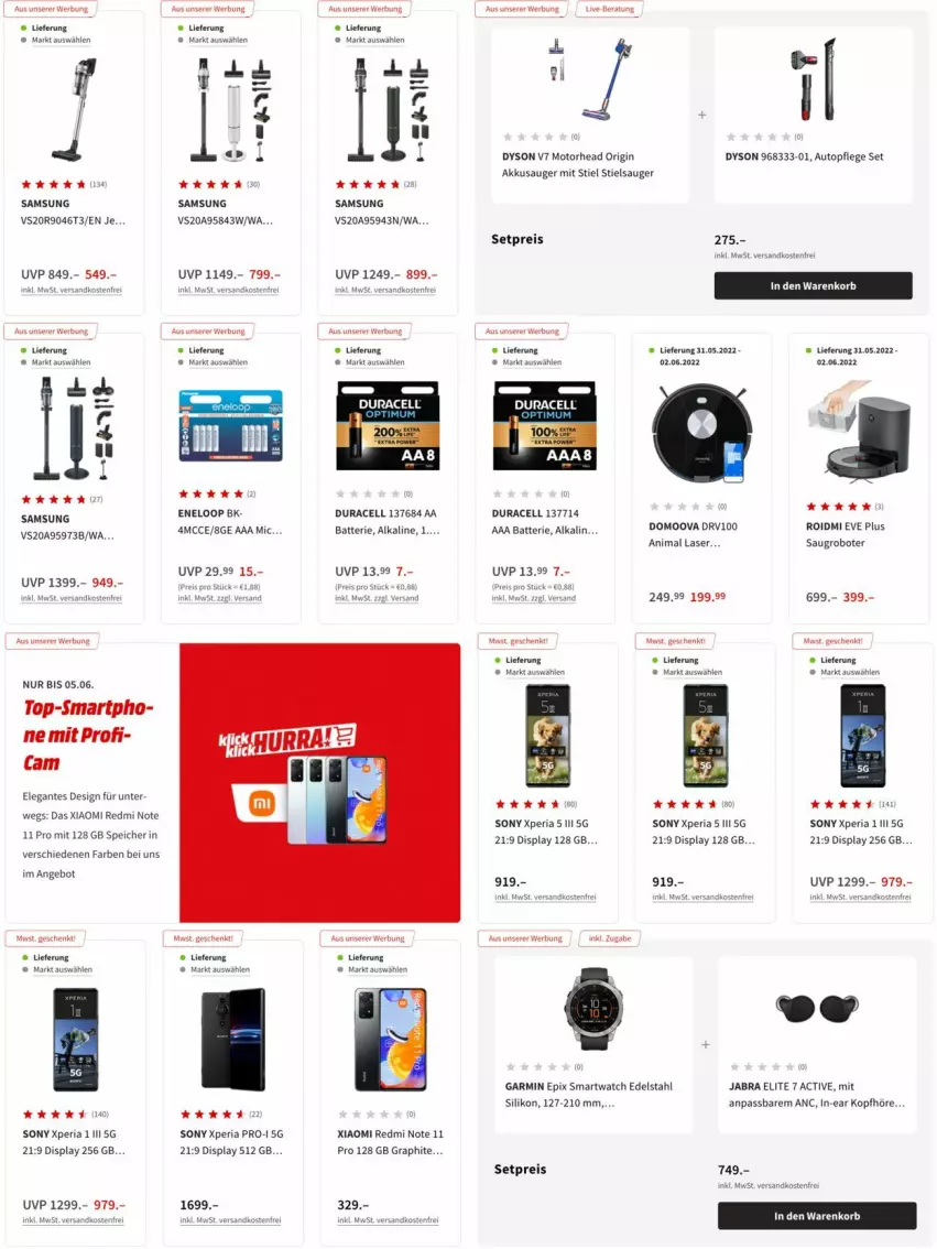 Aktueller Prospekt Media Markt - Prospekte - von 26.05 bis 02.06.2022 - strona 5 - produkty: akku, angebot, auto, batterie, Dyson, edelstahl, eis, garmin, gin, reis, Ria, Samsung, Saugroboter, smartwatch, sony, Stielsauger, Ti, topf, Xperia