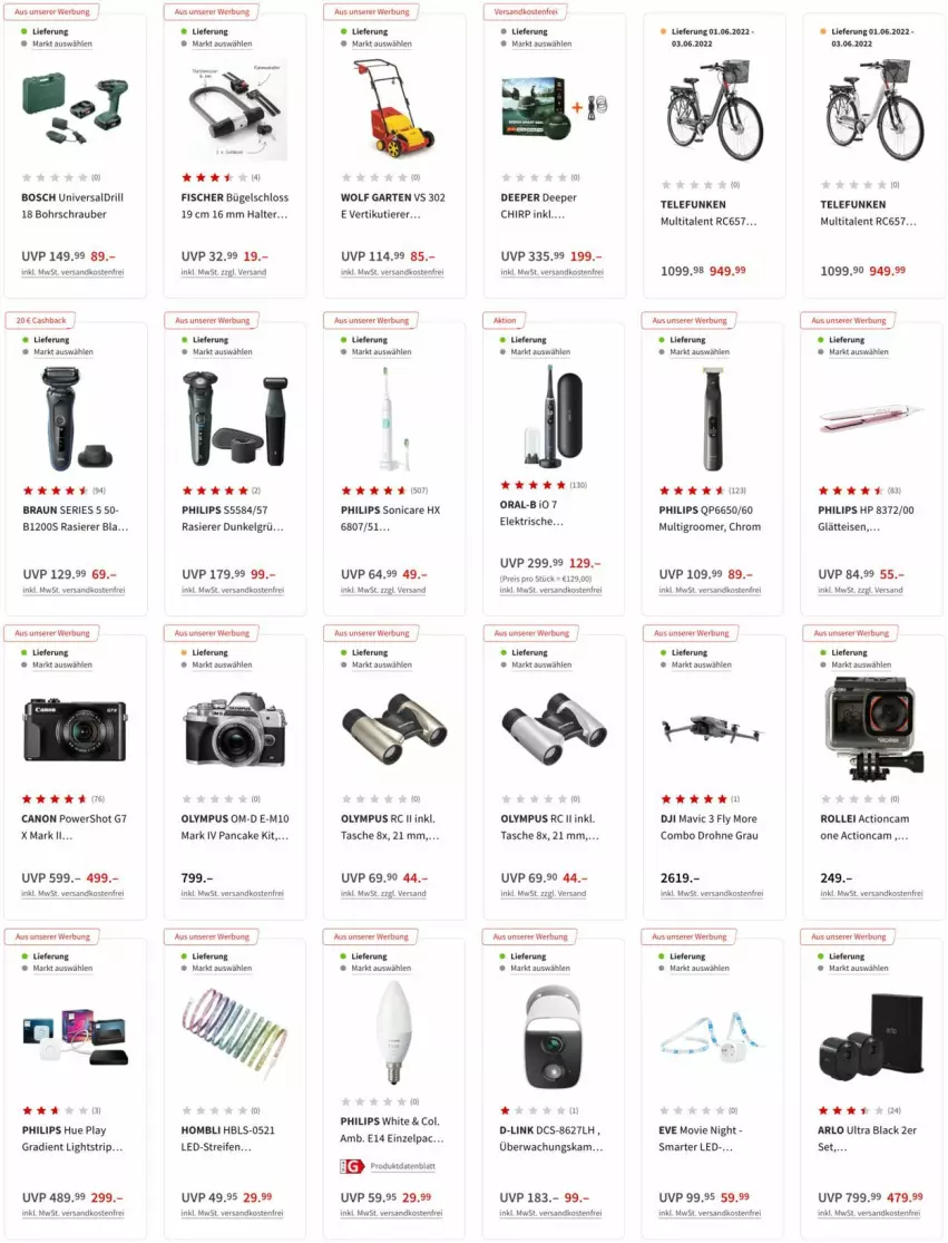 Aktueller Prospekt Media Markt - Prospekte - von 26.05 bis 02.06.2022 - strona 7 - produkty: actioncam, arlo, bio, Bohrschrauber, bosch, braun, bügel, canon, DJI, Drohne, eis, fisch, fische, Fischer, Garten, HP, lack, LG, Mavic, Multigroom, ndk, oral-b, Philips, rasierer, reifen, reis, rollei, sonicare, Tasche, telefunken, Ti, Tiere, versandkostenfrei