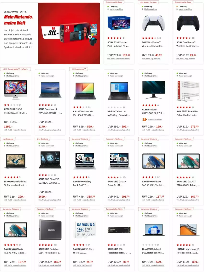 Aktueller Prospekt Media Markt - Prospekte - von 26.05 bis 02.06.2022 - strona 8 - produkty: acer, Apple, asus, eis, festplatte, fritz, HP, huawei, Huawei Mate, Huawei MateBook, latte, lenovo, mac, MateBook, Mode, ndk, nintendo, Nintendo Switch, notebook, reis, rel, Roller, Samsung, samsung galaxy, sony, Sport, ssd, tablet, Ti, uhr, versandkostenfrei, VivoBook, weck