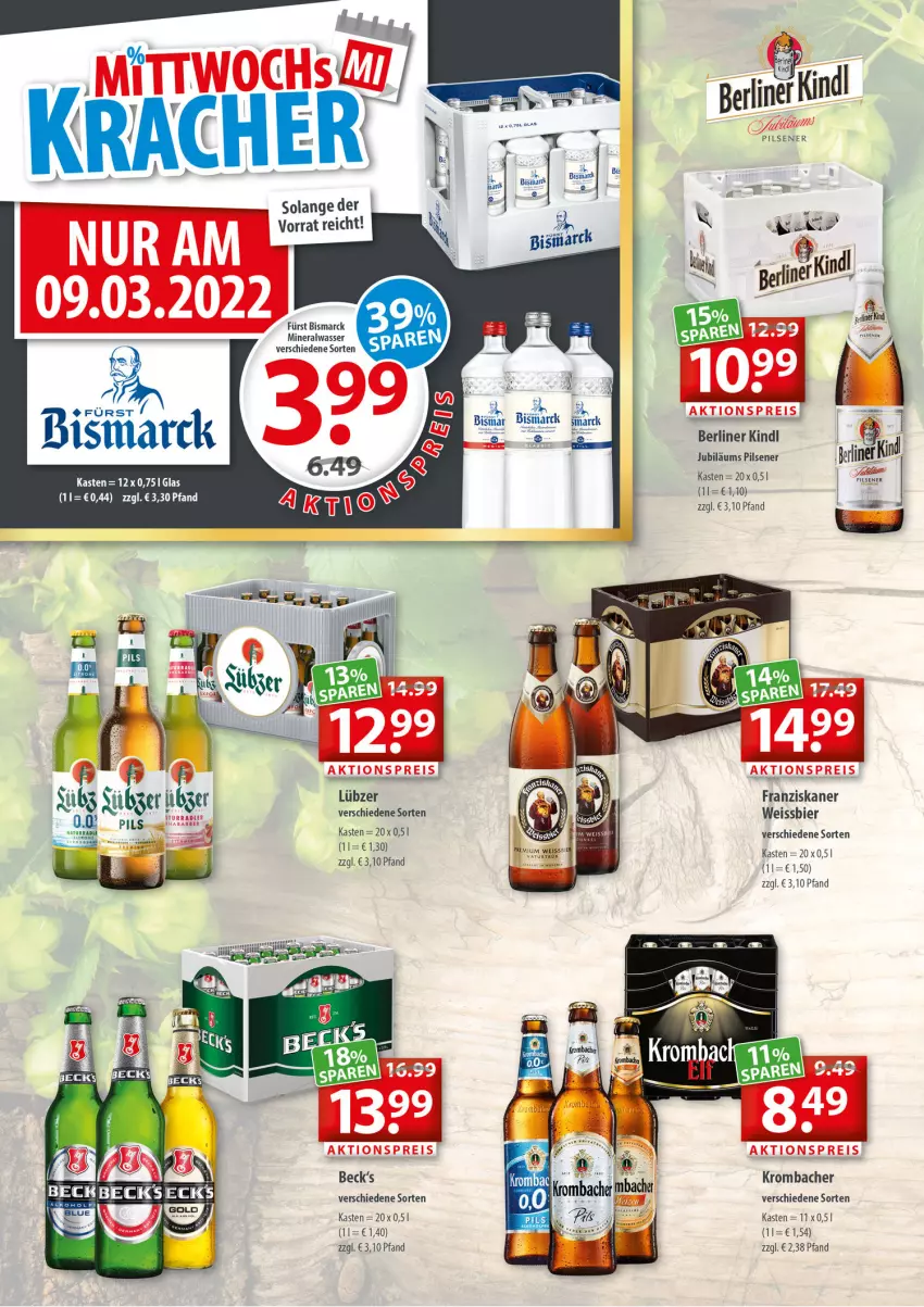 Aktueller Prospekt Getraenkeland - von 07.03 bis 19.03.2022 - strona 2 - produkty: aktionspreis, Alwa, berliner, berliner kindl, bier, bismarck, cin, eis, elle, franziskaner, Jubiläums, krombache, krombacher, Lübzer, mineralwasser, pils, pilsener, radler, reis, Ti, wasser, weissbier