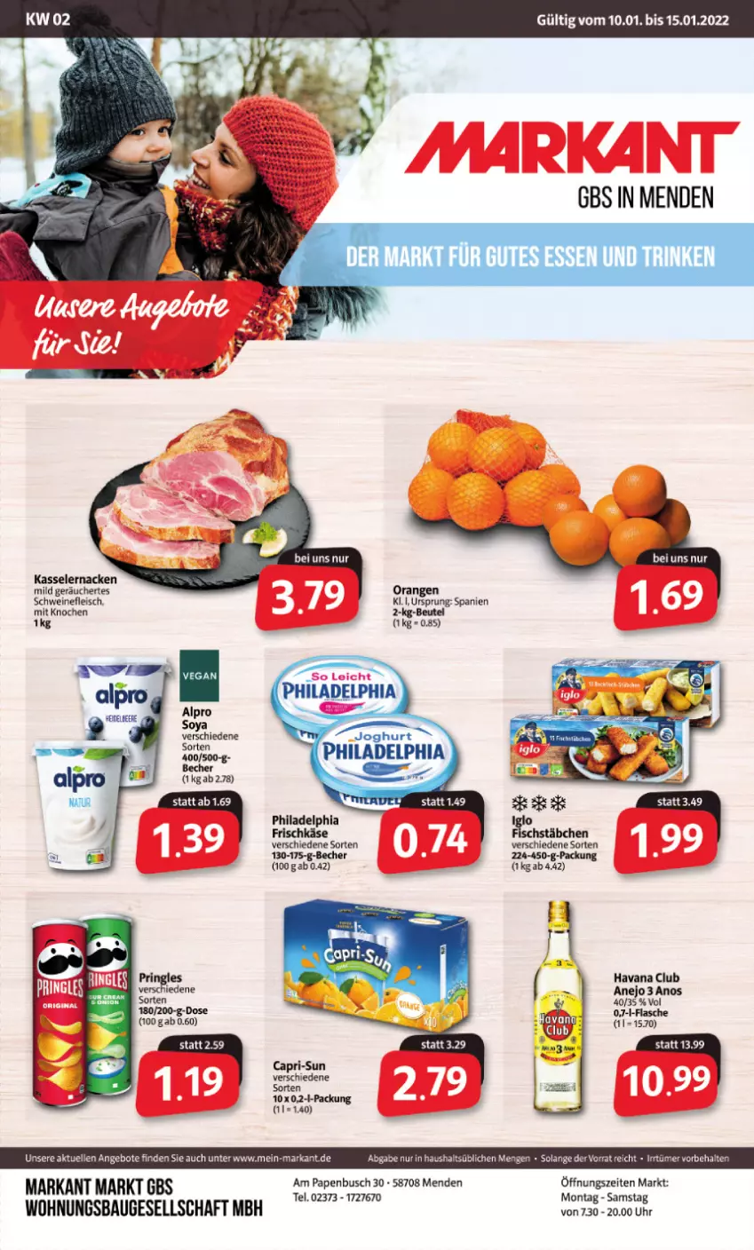 Aktueller Prospekt Markant - Prospekte - von 10.01 bis 15.01.2022 - strona 1 - produkty: alpro, angebot, angebote, Bau, Becher, beutel, Cap, capri-sun, eier, eis, elle, flasche, fleisch, frischkäse, Havana Club, joghur, joghurt, Käse, kasseler, orange, orangen, philadelphia, pringles, ring, schwein, schweine, schweinefleisch, Ti, uhr, wein, weine