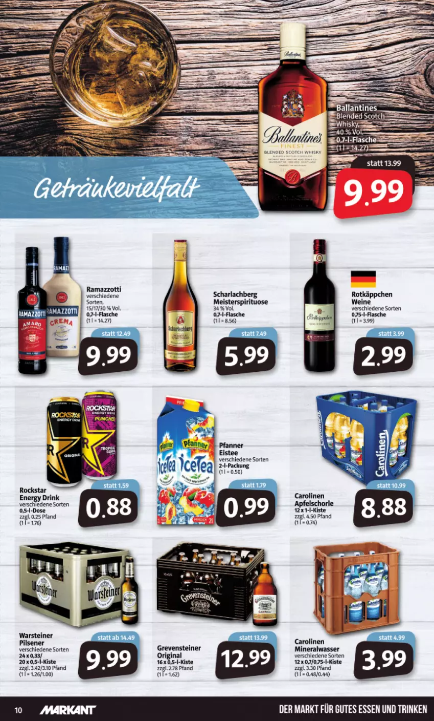 Aktueller Prospekt Markant - Prospekte - von 10.01 bis 15.01.2022 - strona 10 - produkty: Alwa, arla, ball, blended scotch, blended scotch whisky, drink, eis, eistee, energy drink, flasche, gin, grevensteiner, gutes essen, Meister, mineralwasser, pfanne, Pfanner, pils, pilsener, rama, ramazzott, ramazzotti, Rockstar, rotkäppchen, scotch, scotch whisky, steiner, tee, Ti, warsteiner, wasser, wein, weine, whisky, zott