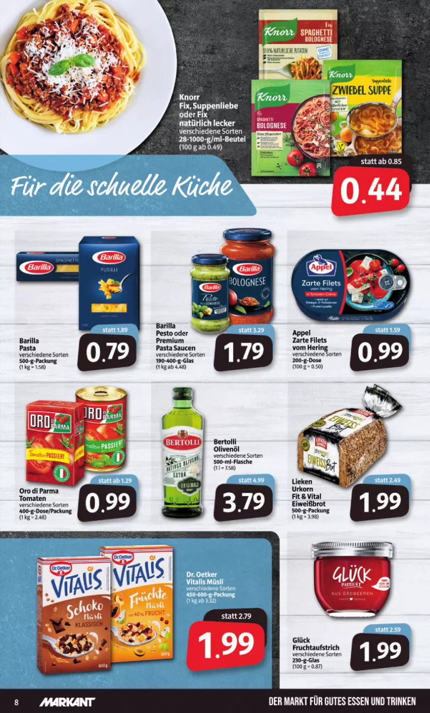 Aktueller Prospekt Markant - Prospekte - von 10.01 bis 15.01.2022 - strona 8 - produkty: aufstrich, barilla, bertolli, beutel, bolognese, brot, Eiweißbrot, filet, filets, flasche, frucht, fruchtaufstrich, hering, korn, lieken, olive, oliven, olivenöl, oro di parma, pasta, ring, spaghetti, spaghetti bolognese, Ti, tomate, tomaten, urkorn, vita