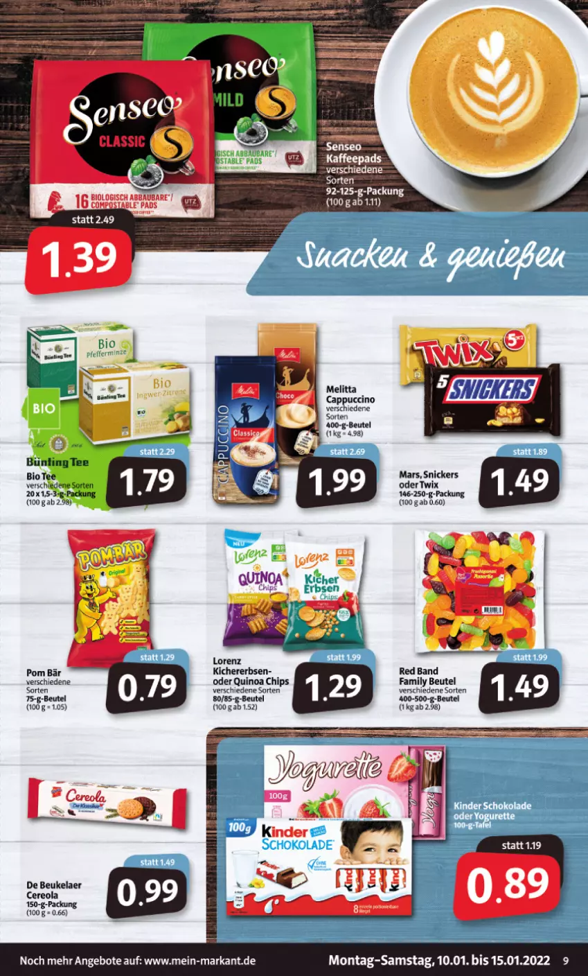 Aktueller Prospekt Markant - Prospekte - von 10.01 bis 15.01.2022 - strona 9 - produkty: angebot, angebote, beutel, bio, Cap, cappuccino, chips, cin, de beukelaer, erbsen, kichererbsen, lorenz, mars, melitta, oder twix, quinoa, snickers, tee, Ti, twix, Yo