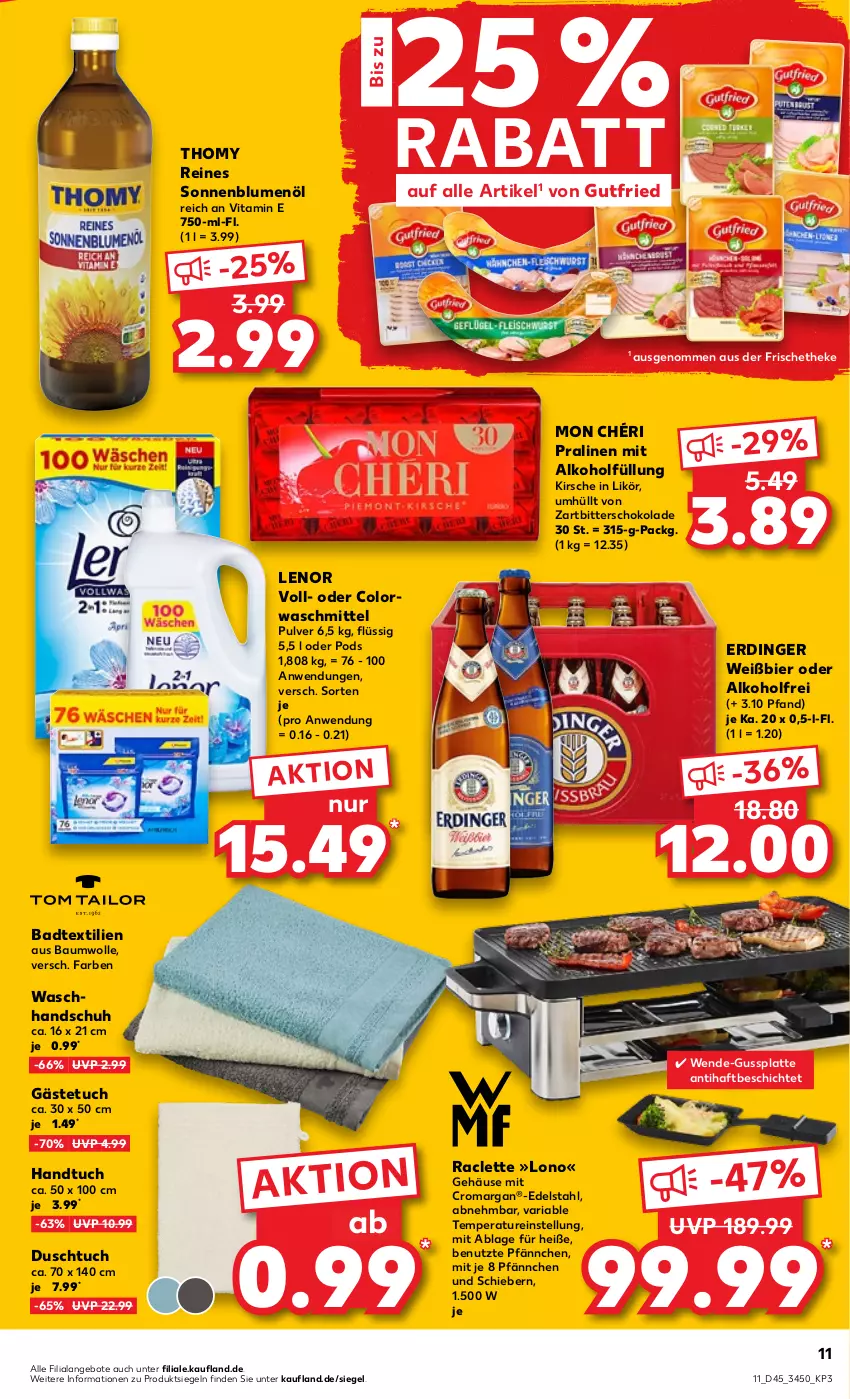 Aktueller Prospekt Kaufland - von 10.11 bis 16.11.2022 - strona 11 - produkty: alkohol, angebot, angebote, Bad, Badtextilien, Bau, baumwolle, bier, blume, blumen, blumenöl, colorwaschmittel, duschtuch, edelstahl, erdinger, gästetuch, gutfried, handtuch, kirsch, kirsche, latte, lenor, likör, Mon Chéri, Pods, pralinen, Ria, schoko, schokolade, sonnenblume, sonnenblumen, sonnenblumenöl, thomy, Ti, tuc, vita, waschhandschuh, waschmittel, wolle, Zartbitterschokolade, ZTE