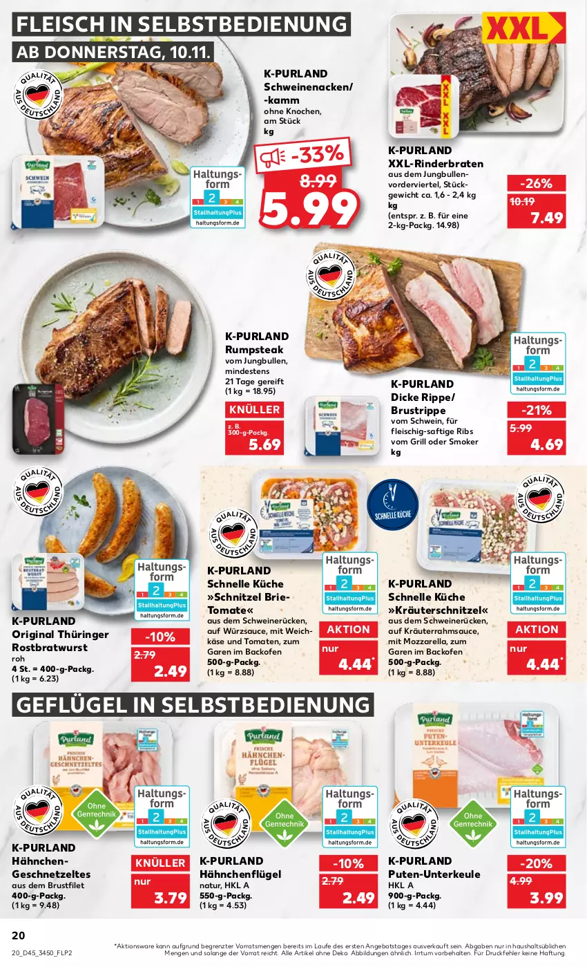 Aktueller Prospekt Kaufland - von 10.11 bis 16.11.2022 - strona 20 - produkty: angebot, backofen, braten, bratwurst, brie, brustfilet, eis, elle, filet, fleisch, fleisch in selbstbedienung, Geflügel, geschnetzeltes, gin, grill, hähnchenflügel, Hähnchengeschnetzeltes, jungbullen, Käse, kräuter, küche, mozzarella, natur, Ofen, original thüringer, purland, pute, rel, rind, rinder, rinderbraten, ring, rostbratwurst, rum, rumpsteak, saft, sauce, schnitzel, schwein, schweine, schweinenacken, schweinerücken, steak, thüringer rostbratwurst, Ti, tomate, tomaten, weichkäse, wein, weine, wurst, würzsauce, Zelt, ZTE