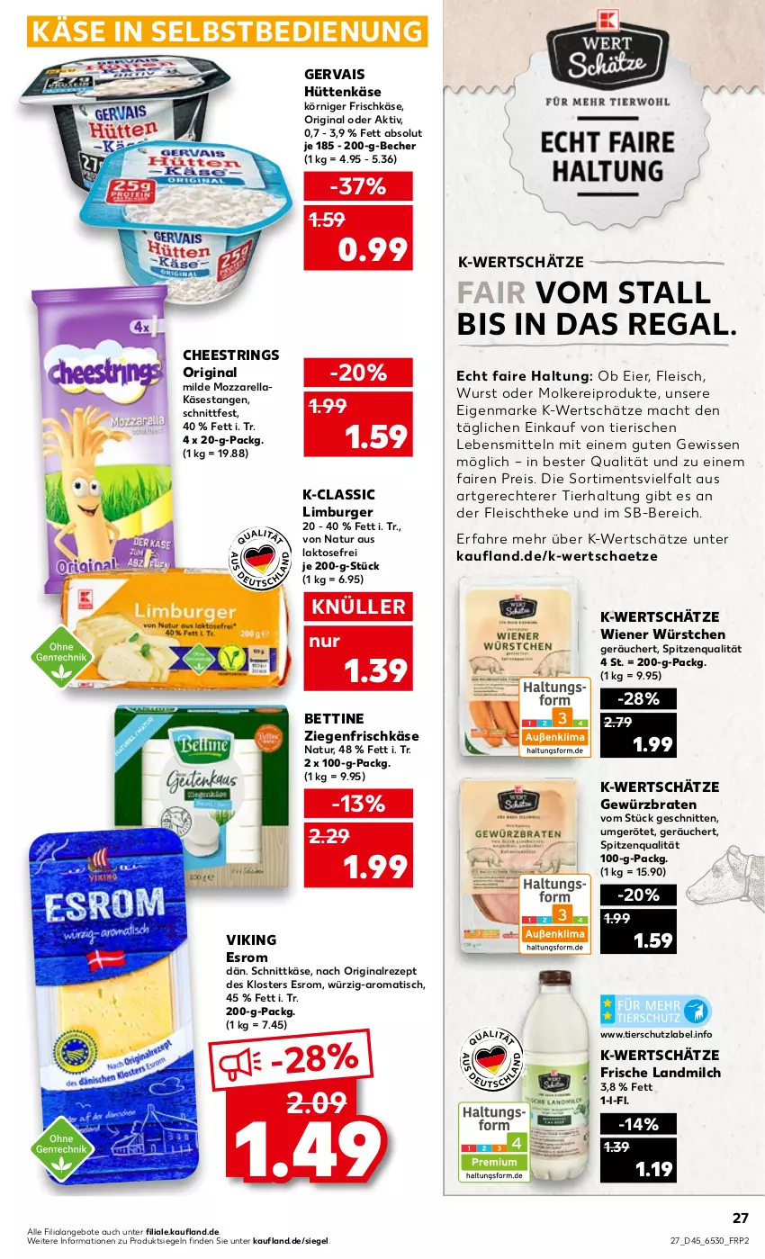 Aktueller Prospekt Kaufland - von 10.11 bis 16.11.2022 - strona 27 - produkty: angebot, angebote, Becher, bett, braten, burger, eier, eis, esrom, fleisch, frischkäse, gervais, gewürz, gin, Käse, Körniger Frischkäse, landmilch, lebensmittel, Limburger, mac, milch, molkereiprodukte, mozzarella, natur, regal, reis, rel, rezept, ring, schnitten, schnittkäse, spitzenqualität, String, Ti, tisch, wiener, wiener würstchen, wurst, würstchen, ziegenfrischkäse