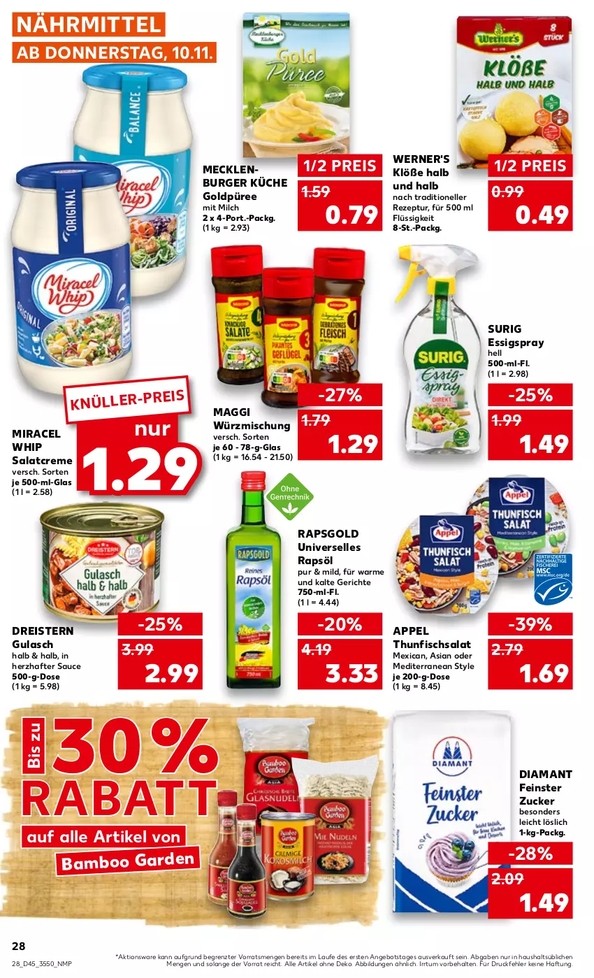 Aktueller Prospekt Kaufland - von 10.11 bis 16.11.2022 - strona 28 - produkty: angebot, bamboo, burger, creme, dreistern, eis, elle, essig, fisch, gulasch, küche, maggi, milch, miracel, miracel whip, püree, rapsöl, reis, rezept, salat, salatcreme, sauce, thunfisch, Thunfischsalat, Ti, ZTE, zucker