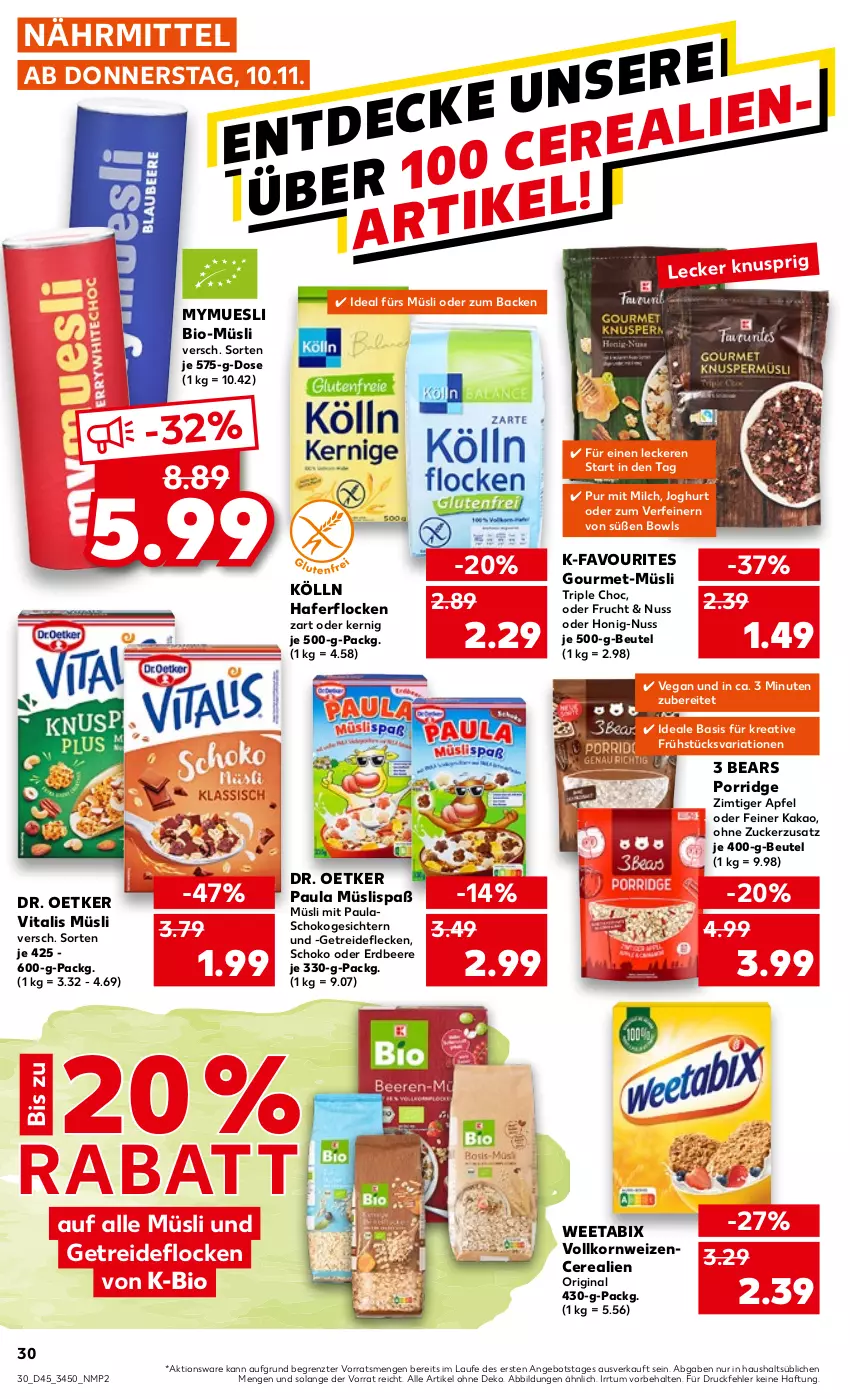 Aktueller Prospekt Kaufland - von 10.11 bis 16.11.2022 - strona 30 - produkty: angebot, apfel, beere, beutel, bio, cerealien, Dr. Oetker, erdbeere, frucht, gin, hafer, haferflocken, honig, joghur, joghurt, kakao, kölln, korn, milch, müsli, nuss, Paula, porridge, Ria, schoko, Ti, vita, vitalis, vitalis müsli, ZTE, zucker