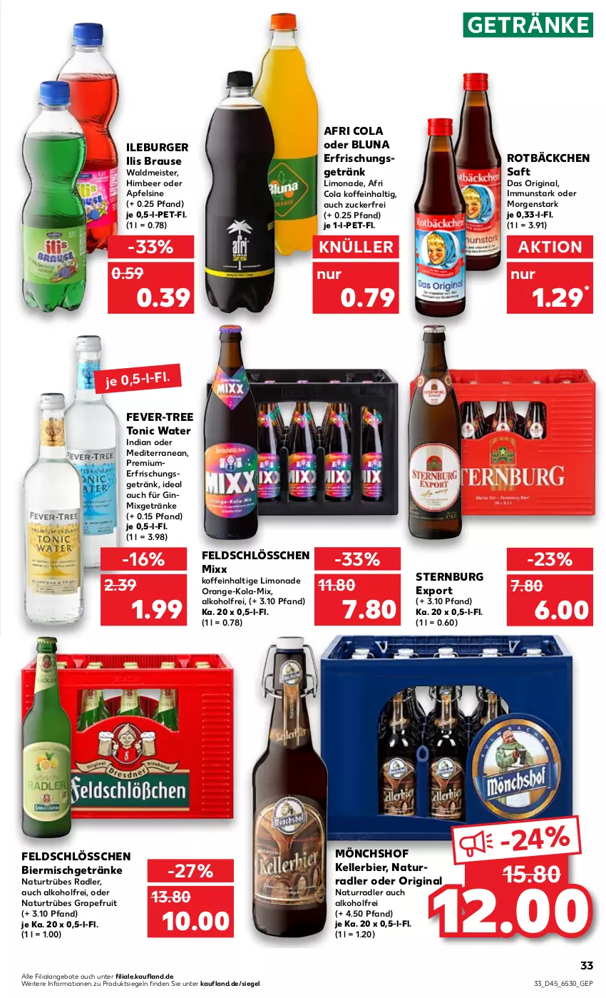 Aktueller Prospekt Kaufland - von 10.11 bis 16.11.2022 - strona 33 - produkty: Afri Cola, alkohol, angebot, angebote, apfel, bier, brause, burger, cola, eis, elle, fever-tree, getränk, getränke, gin, grapefruit, himbeer, kellerbier, limo, limonade, Meister, Mixgetränk, mönchshof, natur, orange, radler, saft, Sternburg, Ti, tonic, tonic water, waldmeister, zucker