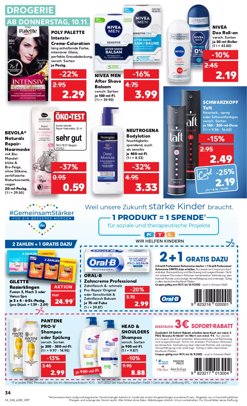 Aktueller Prospekt Kaufland - von 10.11 bis 16.11.2022 - strona 34 - produkty: after shave, angebot, arla, balsam, bio, Blüte, body, bodylotion, Brei, coupon, creme, deo, deo roll-on, eis, fleisch, gin, Haarlack, Kinder, kosmetik, lack, Lotion, mac, magazin, mandel, Maske, natur, natura, naturkosmetik, neutrogena, nivea, Nivea Men, oder schaumfestiger, oral-b, Palette, pantene, pantene pro-v, pro-repair, pro-v, Rasierklinge, rasierklingen, Rauch, roll-on, Roller, schaumfestiger, schwarzkop, schwarzkopf, shampoo, shampoo oder spülung, sofort-rabatt, spülung, Taft, Ti, tisch, venus, zahncreme, ZTE