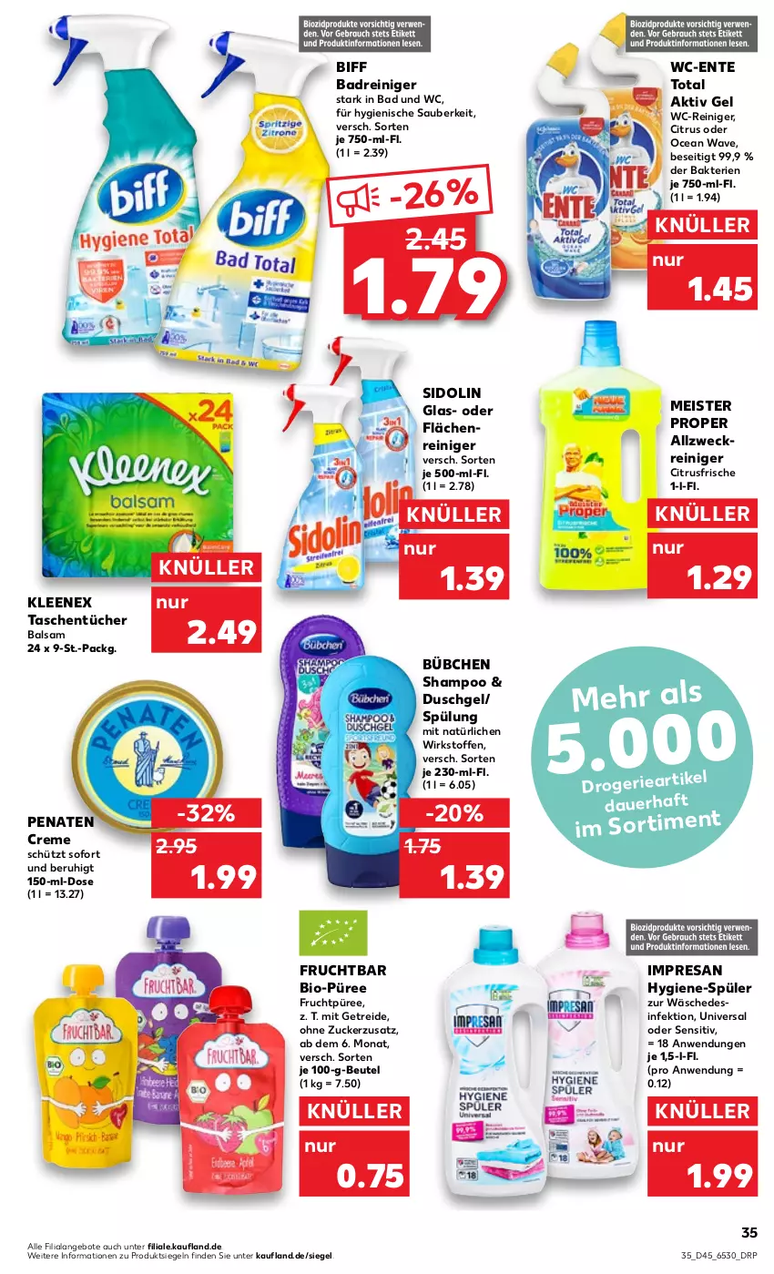 Aktueller Prospekt Kaufland - von 10.11 bis 16.11.2022 - strona 35 - produkty: aktiv gel, allzweckreiniger, angebot, angebote, auer, Bad, balsam, beutel, biff, bio, bübchen, citrus, creme, Desinfektion, duschgel, eis, ente, frucht, Meister, meister proper, penaten, püree, reiniger, resa, shampoo, sidolin, spülung, Tasche, taschen, taschentücher, Ti, tücher, wc-reiniger, weck, zucker