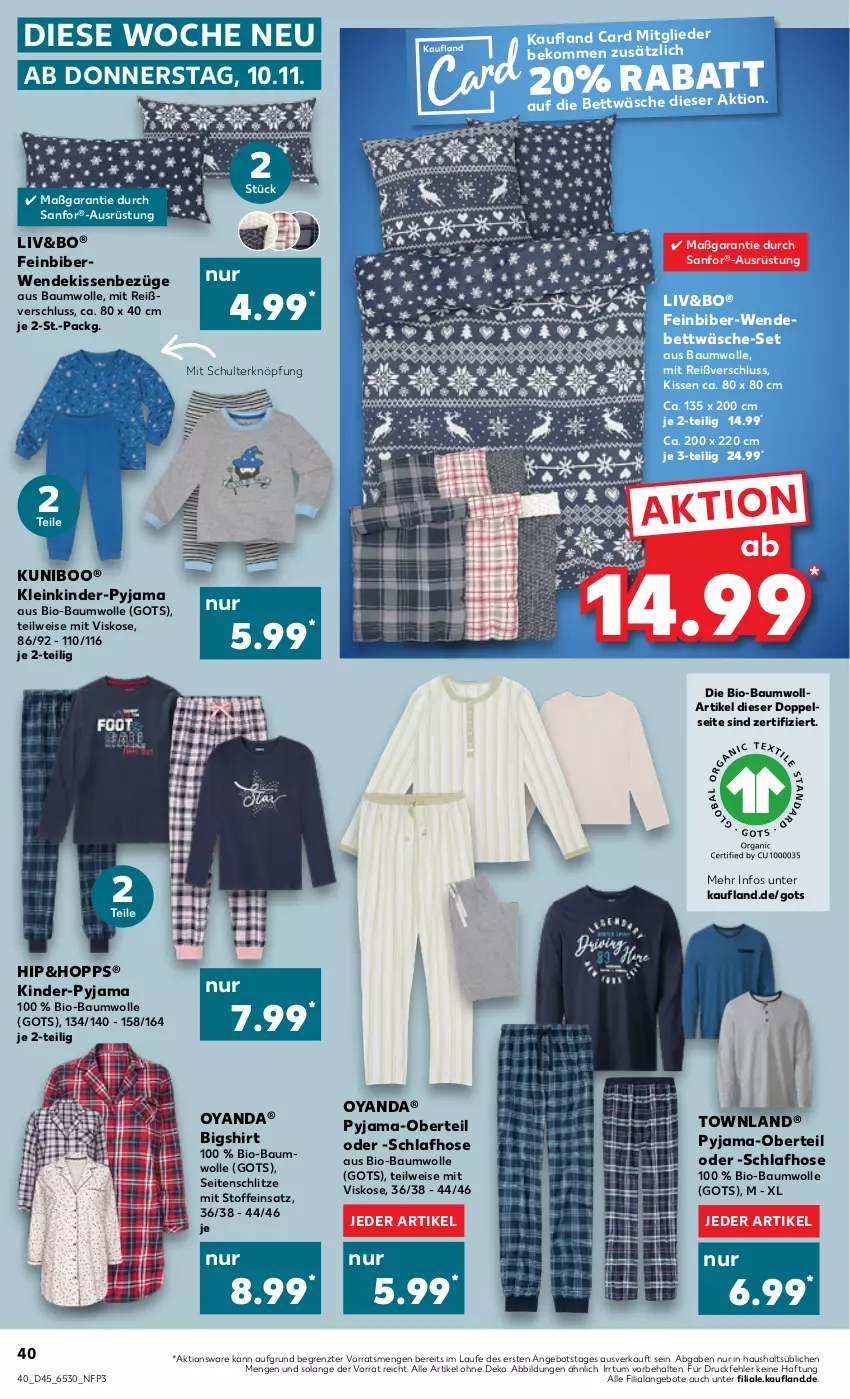 Aktueller Prospekt Kaufland - von 10.11 bis 16.11.2022 - strona 40 - produkty: angebot, angebote, Bau, baumwolle, beko, bett, bettwäsche, bio, bio-baumwolle, eis, hose, Kinder, kissen, Pyjama, rwe, Schlafhose, shirt, Ti, wendebettwäsche, wolle, ZTE