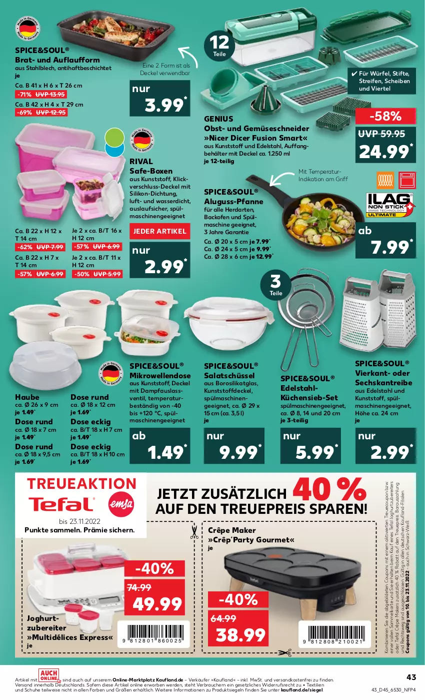 Aktueller Prospekt Kaufland - von 10.11 bis 16.11.2022 - strona 43 - produkty: Aluguss-Pfanne, backofen, backofen und, Behälter, coupon, coupons, decke, Deckel, edelstahl, eis, elle, erde, herdarten, joghur, joghurt, küche, Küchen, mikrowelle, ndk, obst, Ofen, pfanne, Pfau, Rauch, reifen, reis, rind, rwe, salat, schuhe, schüssel, spülmaschinen, stifte, tefal, Ti, und gemüse, versandkostenfrei, wasser, würfel