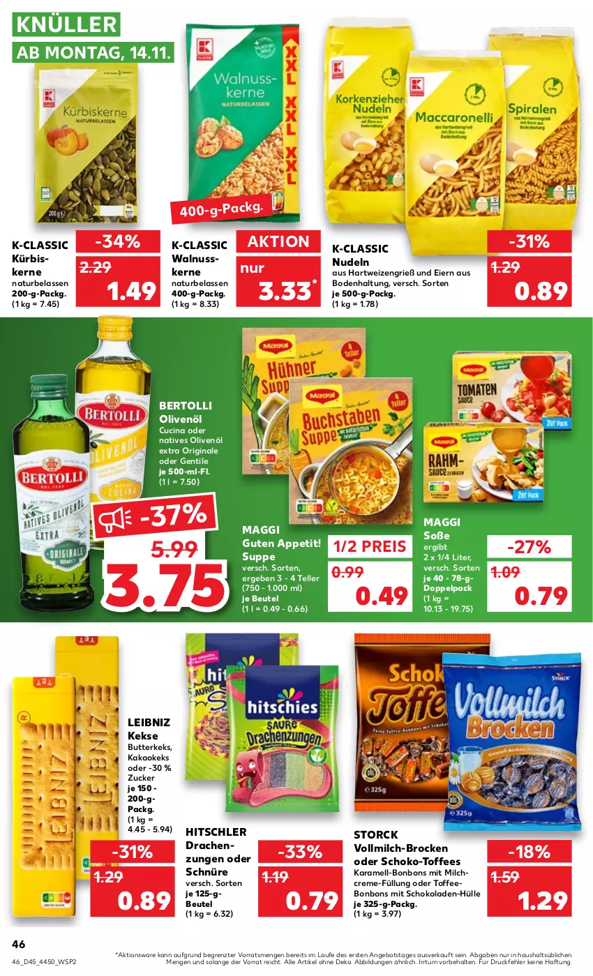 Aktueller Prospekt Kaufland - von 10.11 bis 16.11.2022 - strona 46 - produkty: angebot, bertolli, beutel, bonbons, Brock, butter, butterkeks, cin, creme, eier, eis, elle, gin, hartweizen, hitschler, kakao, karamell, keks, kekse, Kürbis, kürbiskerne, leibniz, maggi, milch, natives olivenöl, natur, nudel, nudeln, nuss, olive, oliven, olivenöl, olivenöl extra, reis, schoko, schokolade, schokoladen, Soße, storck, suppe, teller, Ti, vollmilch, walnuss, walnusskerne, ZTE, zucker