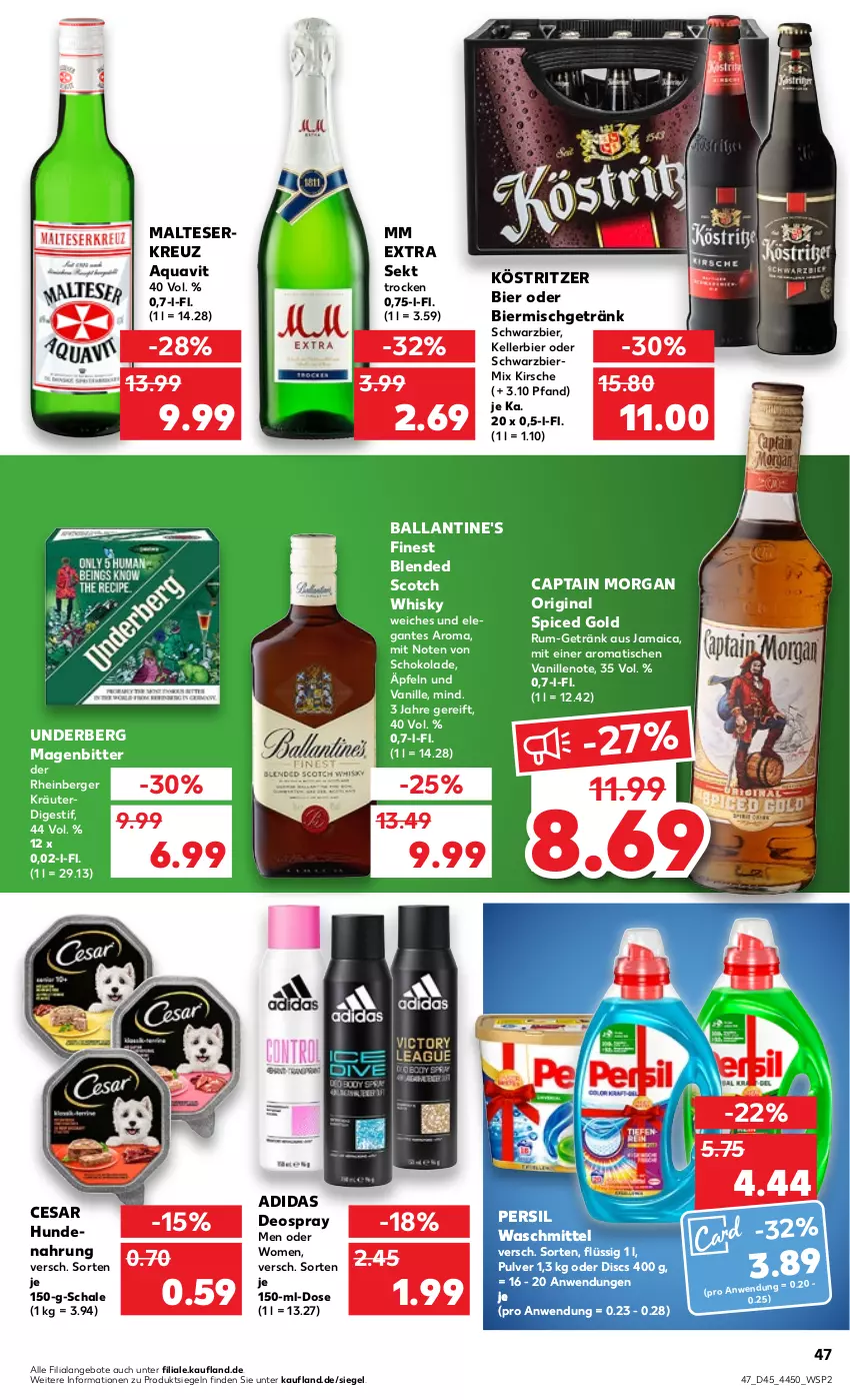 Aktueller Prospekt Kaufland - von 10.11 bis 16.11.2022 - strona 47 - produkty: Adidas, angebot, angebote, aqua, aquavit, ball, Ballantine's, Berger, bier, blended scotch, blended scotch whisky, Cap, captain morgan, deo, deospray, elle, getränk, gin, hundenahrung, kellerbier, kirsch, kirsche, köstritzer, kräuter, malteser, mm extra, original spiced gold, persil, persil waschmittel, rum, Schal, Schale, schoko, schokolade, scotch, scotch whisky, sekt, Ti, tisch, underberg, vanille, waschmittel, whisky