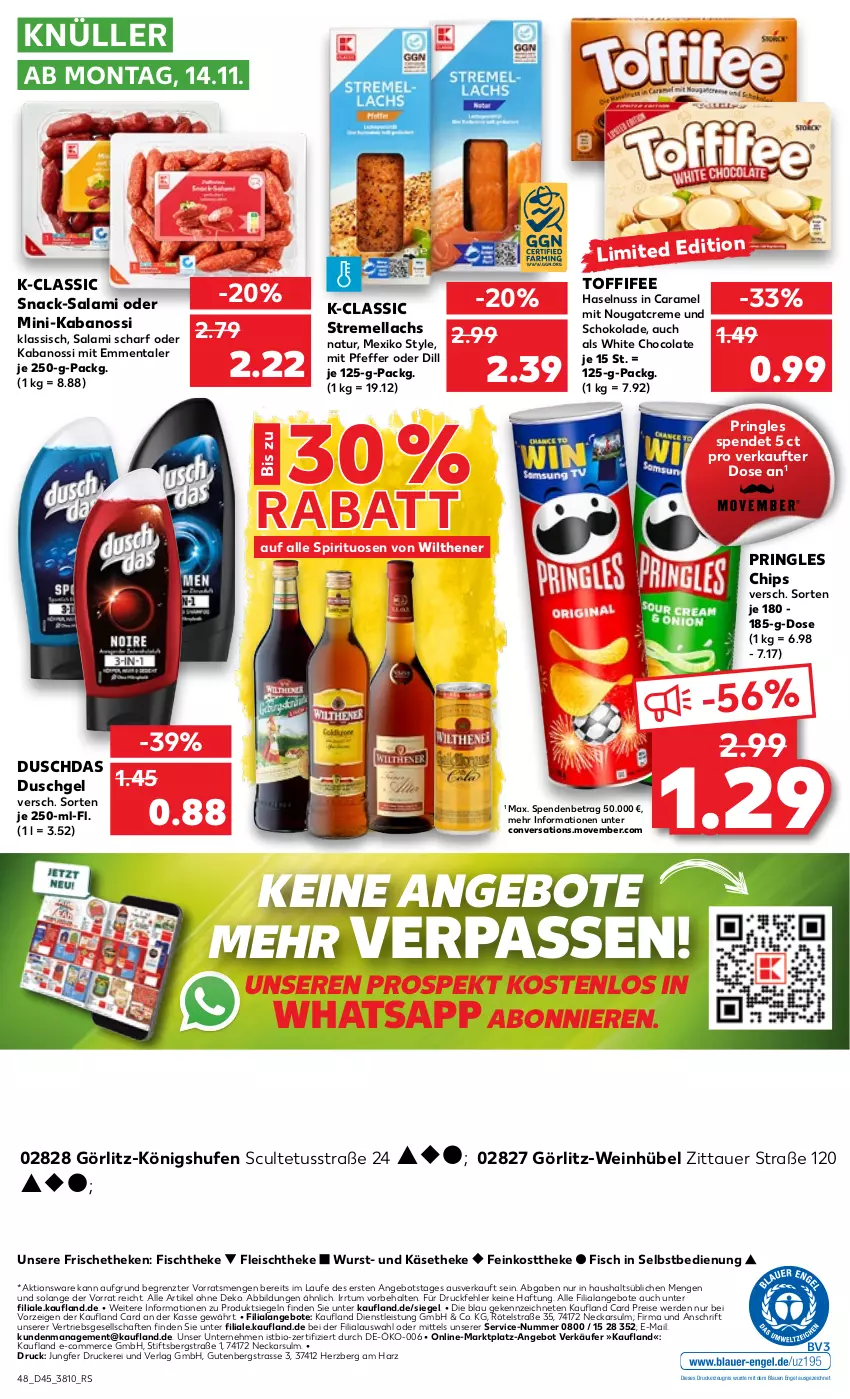 Aktueller Prospekt Kaufland - von 10.11 bis 16.11.2022 - strona 48 - produkty: angebot, angebote, auer, bio, caramel, chips, cola, creme, drucker, duschdas, duschgel, eis, emmentaler, Engel, erde, feinkost, feinkosttheke, fisch, fischtheke, fleisch, haselnuss, kabanos, Käse, käsetheke, kerze, lachs, natur, Nougatcreme, nuss, pfeffer, pringles, reis, ring, salami, schoko, schokolade, snack, spirituosen, Ti, toffifee, wein, white chocolate, wilthener, wurst, ZTE