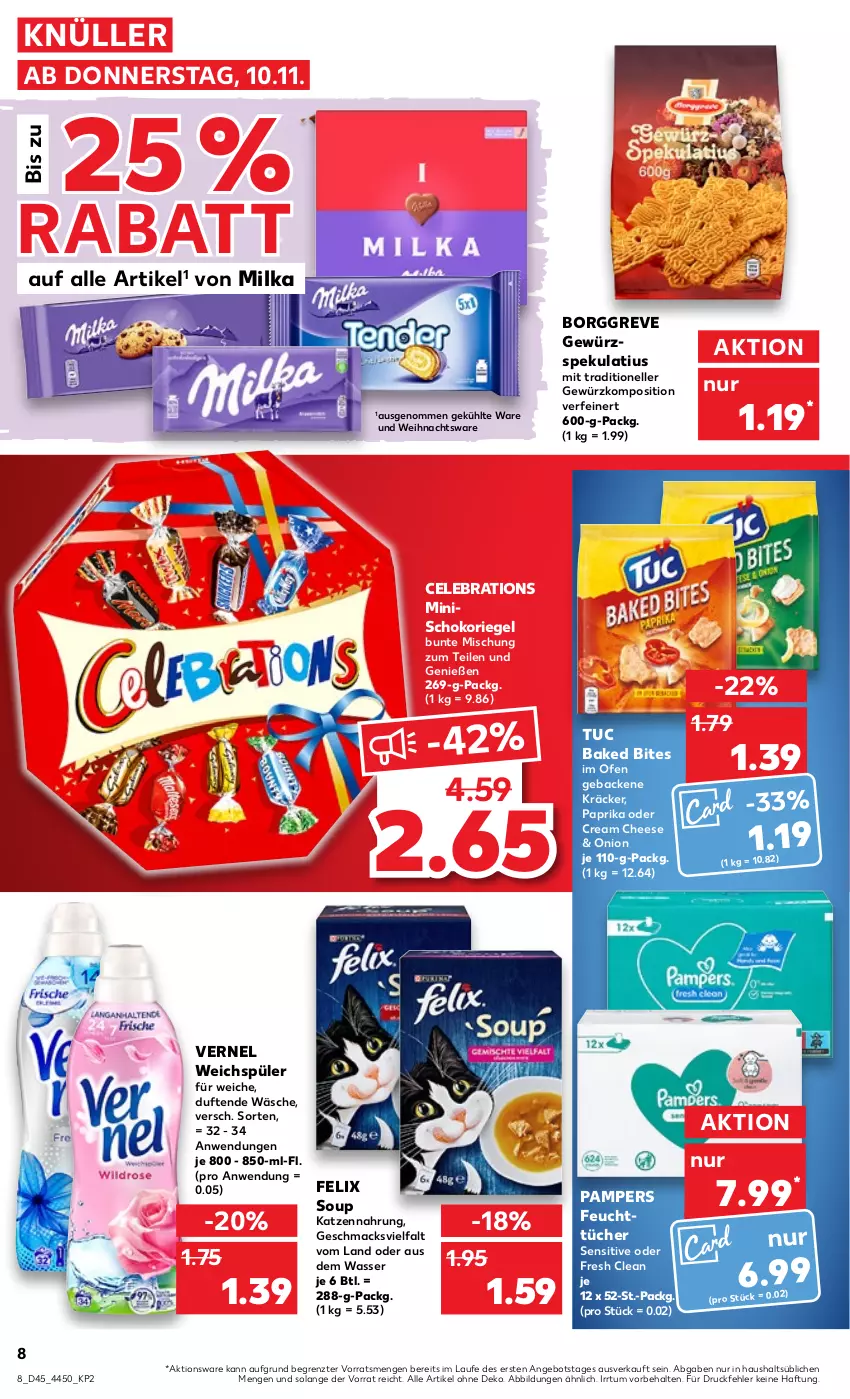 Aktueller Prospekt Kaufland - von 10.11 bis 16.11.2022 - strona 8 - produkty: angebot, bites, elle, felix, feuchttücher, geback, gewürz, katzennahrung, mac, milka, Ofen, pampers, paprika, riegel, schoko, schokoriegel, Ti, tuc, tücher, vernel, wasser, weichspüler, ZTE