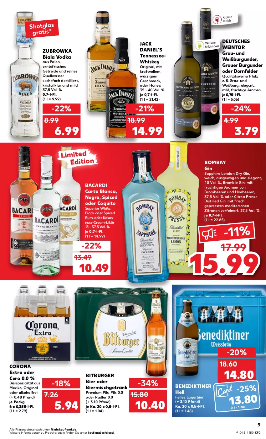 Aktueller Prospekt Kaufland - von 10.11 bis 16.11.2022 - strona 9 - produkty: alkohol, angebot, angebote, auer, bacardi, beere, beeren, Benediktiner, bier, bitburger, brombeere, brombeeren, burger, burgunder, corona, corona extra, dornfelder, dry gin, elle, frucht, getränk, gin, grauer burgunder, himbeer, himbeere, himbeeren, jack daniel, jack daniel's, kokos, kokosnuss, kraft, lack, Lagerbier, likör, london dry, london dry gin, mac, mit frucht, nuss, oder radler, pils, premium pils, qualitätswein, qualitätsweine, radler, rotwein, rum, sapphire, Shotglas, Spezi, Ti, vodka, wasser, wein, weine, Weißburgunder, Weißwein, whiskey, zitrone, zitronen