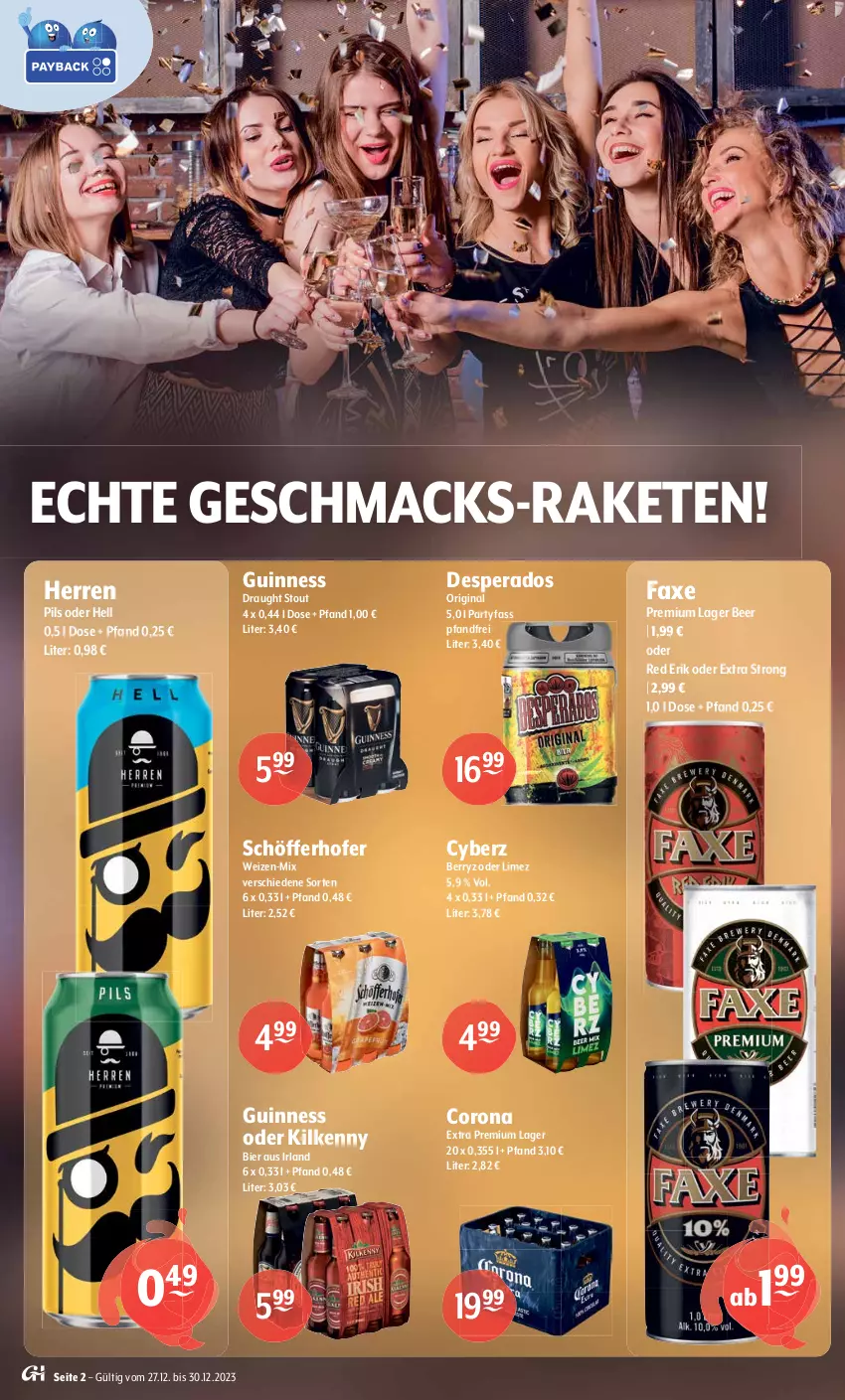 Aktueller Prospekt Getraenke Hoffmann - Prospekte - von 27.12 bis 30.12.2023 - strona 2 - produkty: adelholzener, alkohol, Alwa, Apple, auer, axe, beere, bier, bio, bionade, Bundaberg, cider, coca-cola, cola, corona, desperados, drink, ecco, eier, Elan, energy drink, erdbeere, fever-tree, freixenet, frizzante, gin, Guinness, Hela, Holz, jim beam, Kilkenny, kirsch, kirsche, Lakritz, likör, limo, limonade, mac, mineralwasser, natürliches mineralwasser, Nektar, ohne alkohol, pils, Raketen, Rauch, red bull, rhabarber, saft, schöfferhofer, Ti, trauben, Traubensaft, vöslauer, wasser