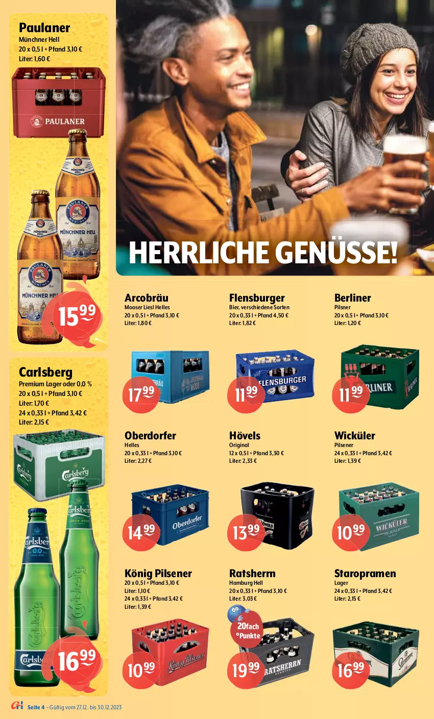 Aktueller Prospekt Getraenke Hoffmann - Prospekte - von 27.12 bis 30.12.2023 - strona 4 - produkty: Altenmünster, berliner, bier, burger, carlsberg, eis, elle, Engel, erdinger, flensburger, gin, hasseröder, Hefe, könig pilsener, mars, Paula, paulaner, pils, pilsener, pilsner, premium pils, Ratsherrn, Staropramen, Ti, urtyp, weissbier, WICK