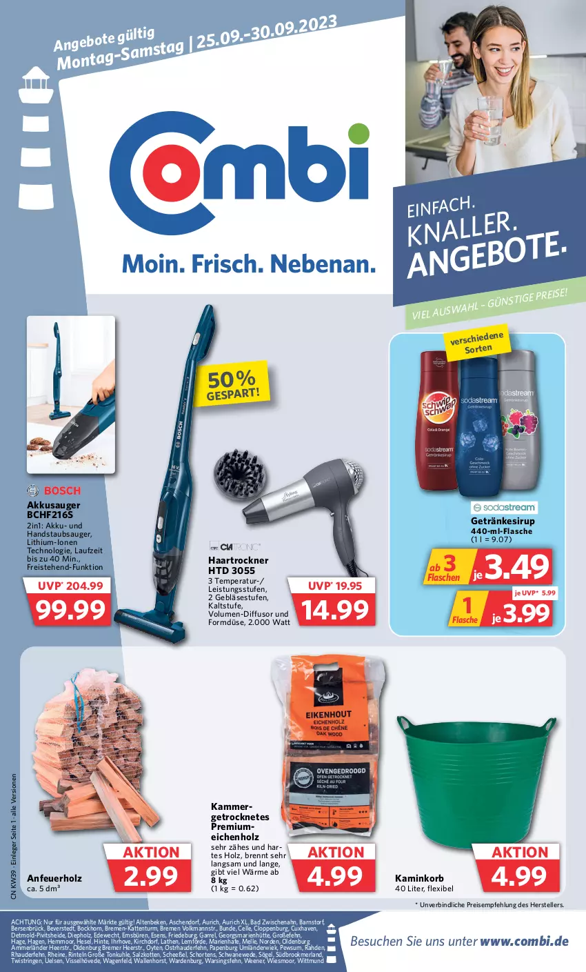 Aktueller Prospekt Combi - Prospekte - von 25.09 bis 30.09.2023 - strona 1 - produkty: akku, ammerländer, Anew, Anfeuerholz, Bad, eis, elle, flasche, getränk, getränke, getränkesirup, haartrockner, handstaubsauger, Holz, Intel, Kamin, korb, lebensmittel, merl, reis, rel, ring, salz, sirup, staubsauger, String, teller, Ti, Trockner