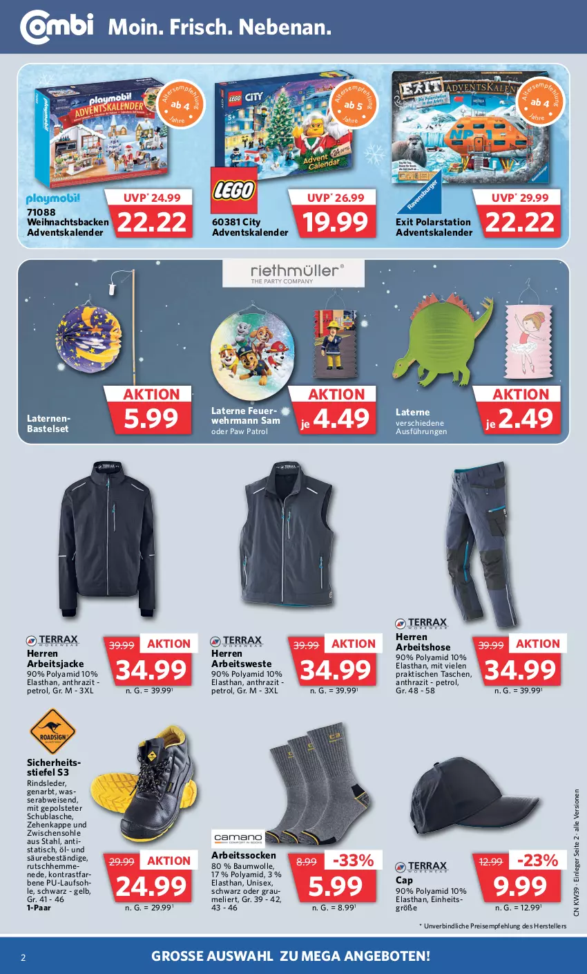 Aktueller Prospekt Combi - Prospekte - von 25.09 bis 30.09.2023 - strona 2 - produkty: Adventskalender, angebot, angebote, Arbeitssocken, Bau, baumwolle, Cap, ehrmann, eis, elle, hose, Jacke, laterne, Paw Patrol, reis, rind, rwe, socken, Tasche, taschen, teller, Ti, tisch, wasser, Weste, wolle