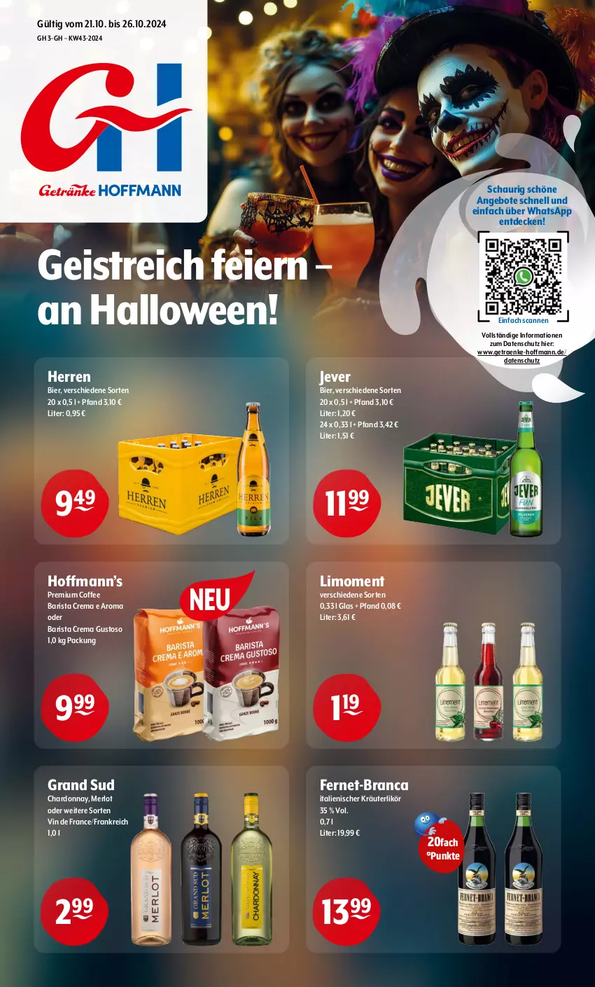 Aktueller Prospekt Getraenke Hoffmann - Prospekte - von 21.10 bis 26.10.2024 - strona 1 - produkty: angebot, angebote, bier, chardonnay, decke, eier, eis, Fernet, grand sud, jever, kräuter, kräuterlikör, likör, limo, merl, merlot, Ti, vin de france