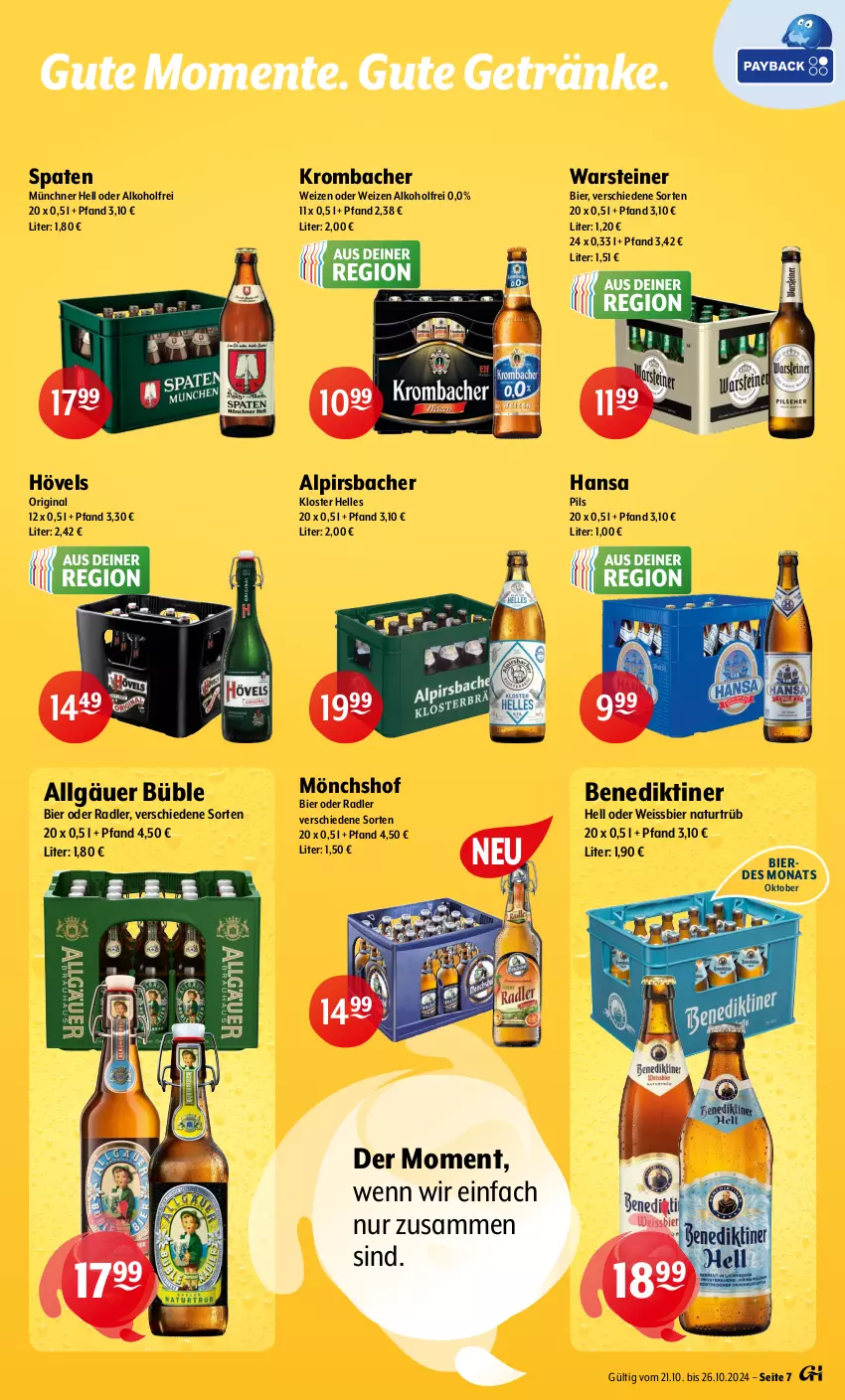 Aktueller Prospekt Getraenke Hoffmann - Prospekte - von 21.10 bis 26.10.2024 - strona 7 - produkty: alkohol, Alpirsbacher, Benediktiner, bier, eis, elle, ente, erde, getränk, getränke, gin, krombache, krombacher, LG, mönchshof, natur, oder radler, pils, radler, Spaten, steiner, Ti, warsteiner, weissbier