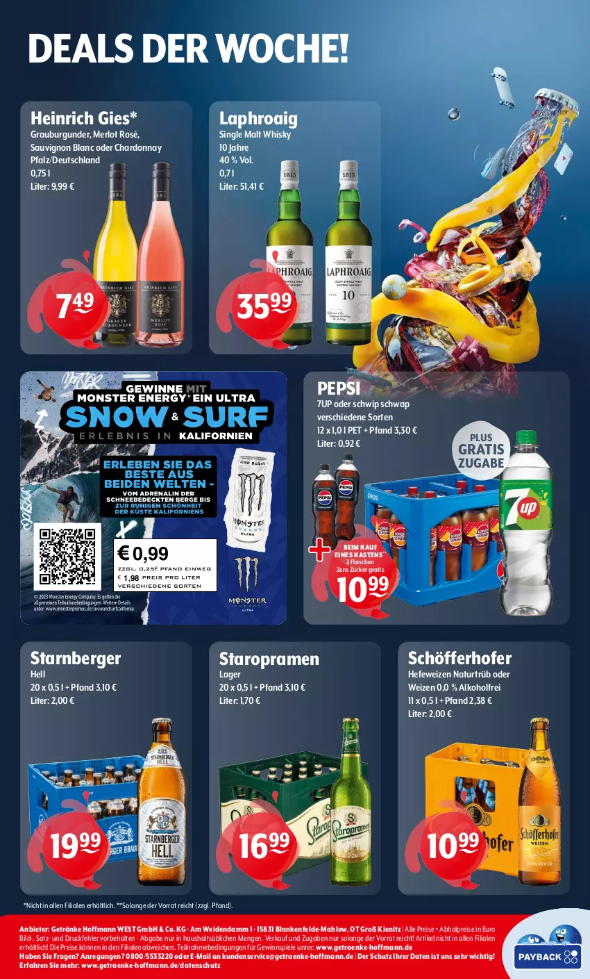 Aktueller Prospekt Getraenke Hoffmann - Prospekte - von 21.10 bis 26.10.2024 - strona 8 - produkty: 7UP, abholpreise, alkohol, Berger, burgunder, chardonnay, eis, flasche, getränk, getränke, gewinnspiel, grauburgunder, Hefe, hefeweizen, laphroaig, merl, merlot, natur, pepsi, reis, sauvignon, sauvignon blanc, schöfferhofer, Schwip Schwap, single malt, Spiele, Staropramen, Ti, whisky, zucker