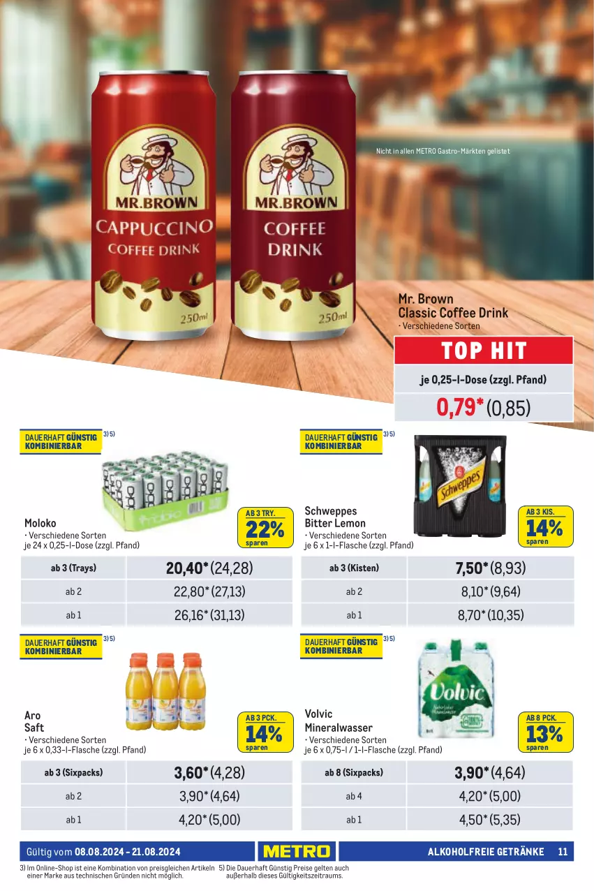 Aktueller Prospekt Metro - Händler Journal - von 08.08 bis 21.08.2024 - strona 11 - produkty: alkohol, alkoholfreie getränke, Alwa, auer, bitter lemon, drink, eis, flasche, getränk, getränke, Metro, metro gastro, mineralwasser, reis, saft, schweppes, Ti, volvic, wasser