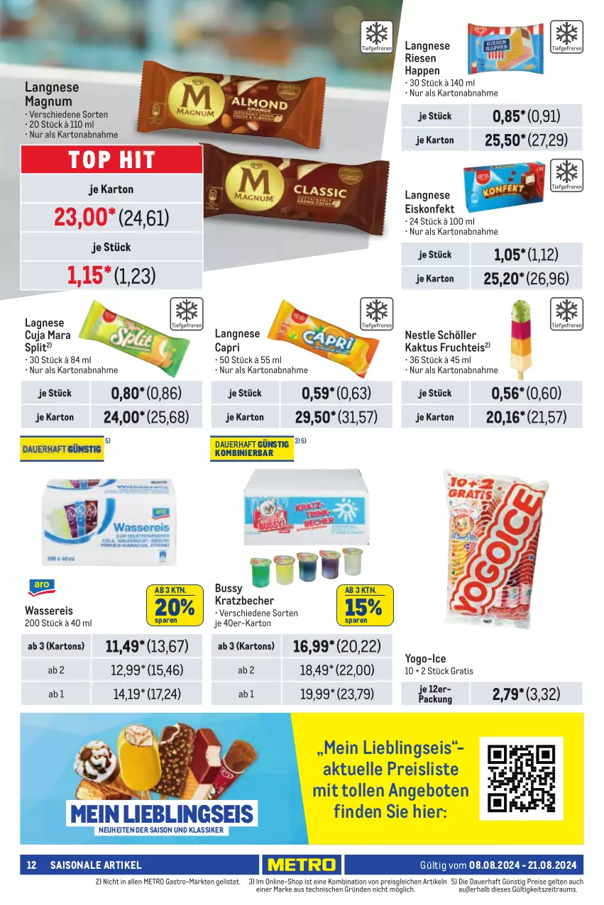 Aktueller Prospekt Metro - Händler Journal - von 08.08 bis 21.08.2024 - strona 12 - produkty: angebot, angebote, auer, Becher, Cap, eis, eiskonfekt, elle, frucht, langnese, langnese eis, magnum, Metro, metro gastro, neuheit, reis, Schöller, Ti, wasser, wassereis, Yo