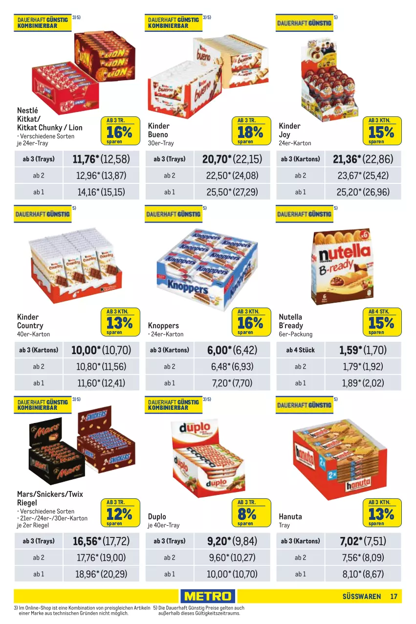 Aktueller Prospekt Metro - Händler Journal - von 08.08 bis 21.08.2024 - strona 17 - produkty: auer, duplo, eis, hanuta, Kinder, kinder bueno, kinder country, kitkat, knoppers, lion, mars, nestlé, nutella, reis, riegel, snickers, süsswaren, Ti, twix