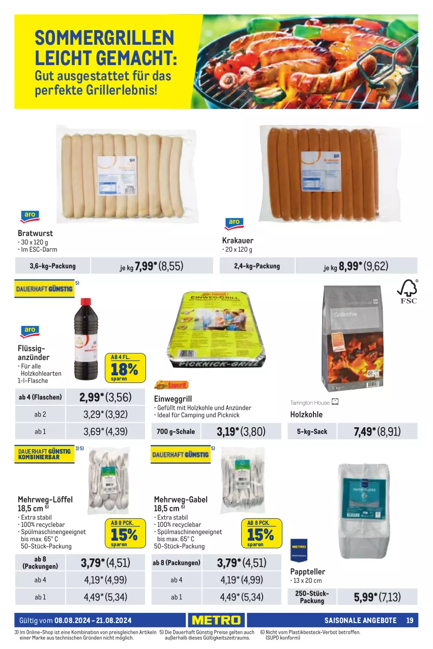 Aktueller Prospekt Metro - Händler Journal - von 08.08 bis 21.08.2024 - strona 19 - produkty: angebot, angebote, anzünder, asti, auer, besteck, bratwurst, Einweggrill, eis, elle, flasche, gabel, grill, Holz, holzkohle, krakauer, Löffel, mac, reis, rwe, sac, Schal, Schale, spülmaschinen, teller, Ti, wurst