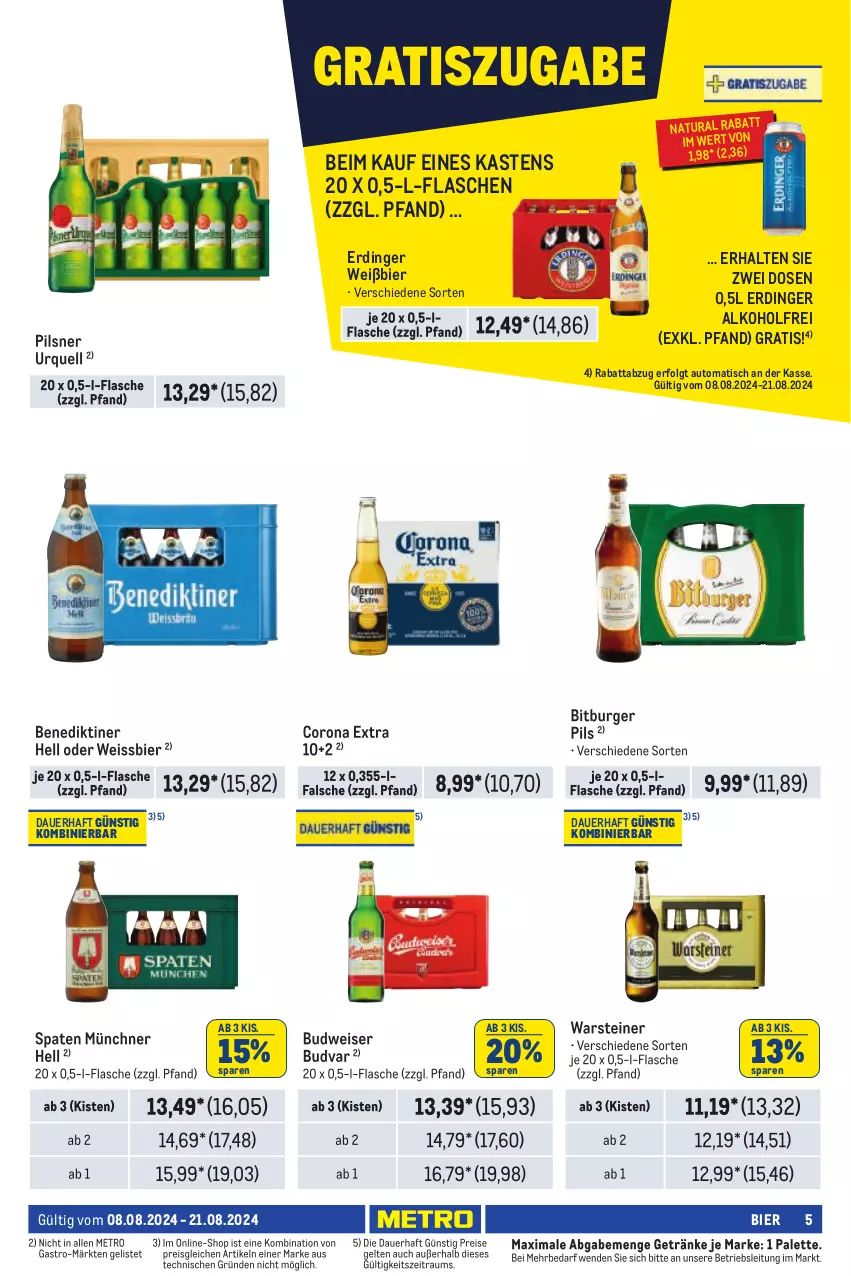 Aktueller Prospekt Metro - Händler Journal - von 08.08 bis 21.08.2024 - strona 5 - produkty: alkohol, auer, auto, Benediktiner, bier, bitburger, bitburger pils, budweiser, burger, corona, corona extra, eis, erdinger, flasche, getränk, getränke, LG, Metro, natur, natura, Palette, pils, pilsner, pilsner urquell, reis, Spaten, steiner, Ti, tisch, warsteiner, weissbier