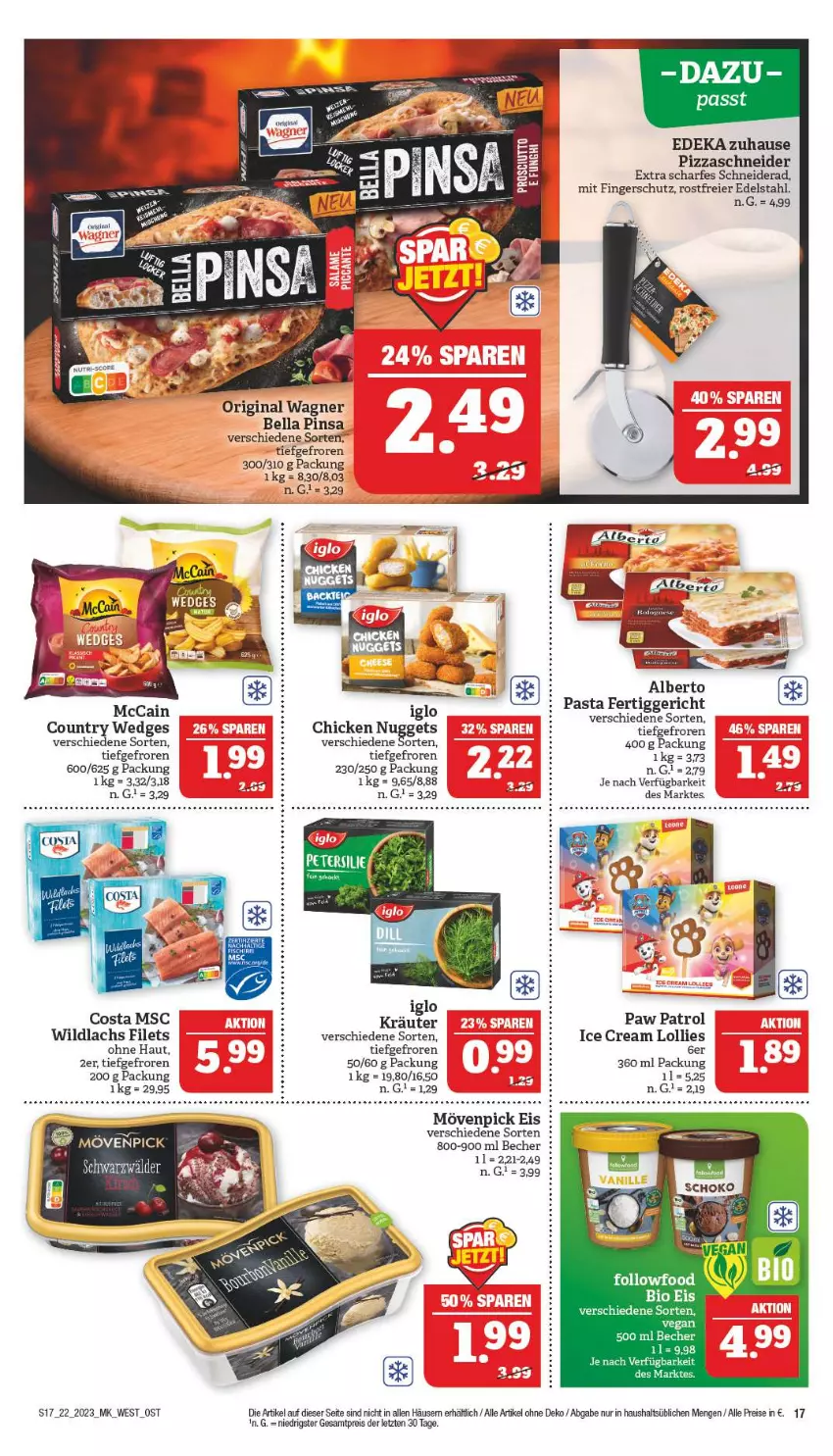 Aktueller Prospekt Marktkauf - Prospekt - von 27.05 bis 03.06.2023 - strona 17 - produkty: Becher, bio, chicken nuggets, deka, edelstahl, eier, eis, fertiggericht, filet, filets, gin, iglo, kräuter, lachs, mövenpick, mövenpick eis, nuggets, original wagner, pasta, Paw Patrol, pizza, reis, Ti, wagner, wedges, Wild, wildlachs, ZTE