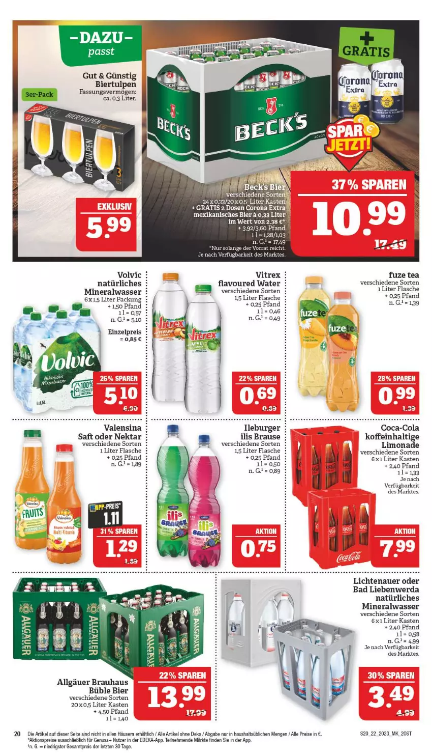 Aktueller Prospekt Marktkauf - Prospekt - von 27.05 bis 03.06.2023 - strona 20 - produkty: aktionspreis, Alwa, auer, Bad, Bad Liebenwerda, bier, brause, burger, coca-cola, cola, corona, corona extra, deka, eis, flasche, fuze tea, LG, lichtenauer, limo, limonade, mineralwasser, natürliches mineralwasser, Nektar, nuss, reis, saft, Ti, valensina, vitrex, volvic, volvic natürliches, wasser, ZTE