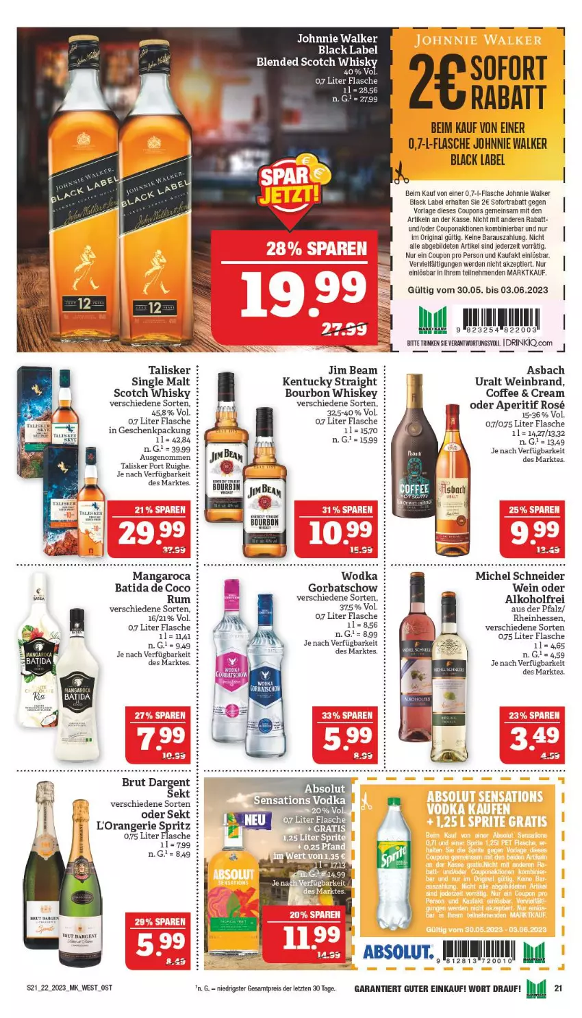 Aktueller Prospekt Marktkauf - Prospekt - von 27.05 bis 03.06.2023 - strona 21 - produkty: alkohol, aperitif, asbach uralt, batida, black label, blended scotch, bourbon, brut, brut dargent, coupon, coupons, drink, eis, erde, flasche, geschenkpackung, gin, Gorbatschow, johnnie walker, lack, mangaroca, Michel Schneider, orange, reis, rum, scotch, scotch whisky, sekt, single malt, sofortrabatt, Ti, tuc, wein, weinbrand, whisky, wodka, ZTE